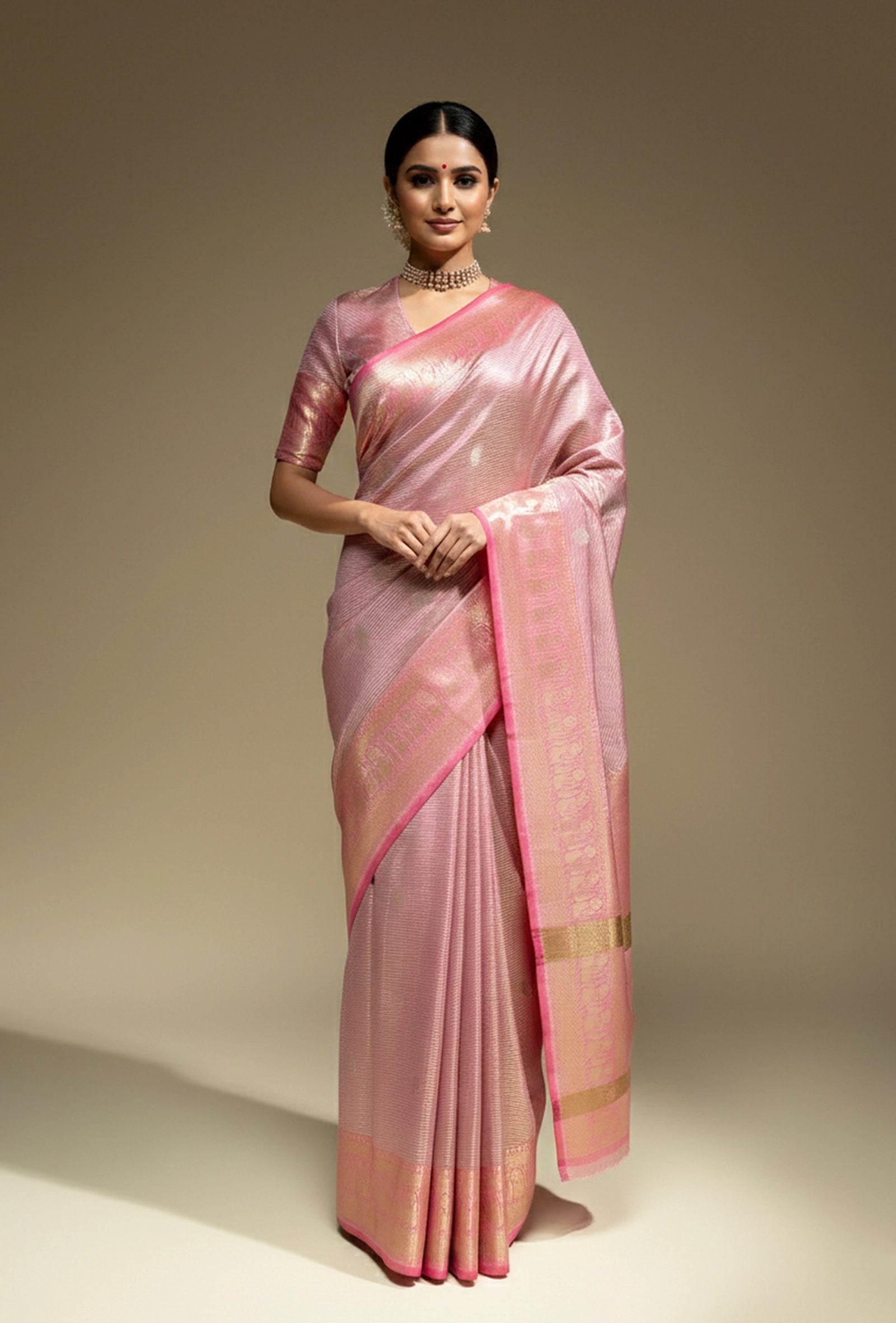 Kosa Silk Saree In Metallic Pink With A Glossy Finish