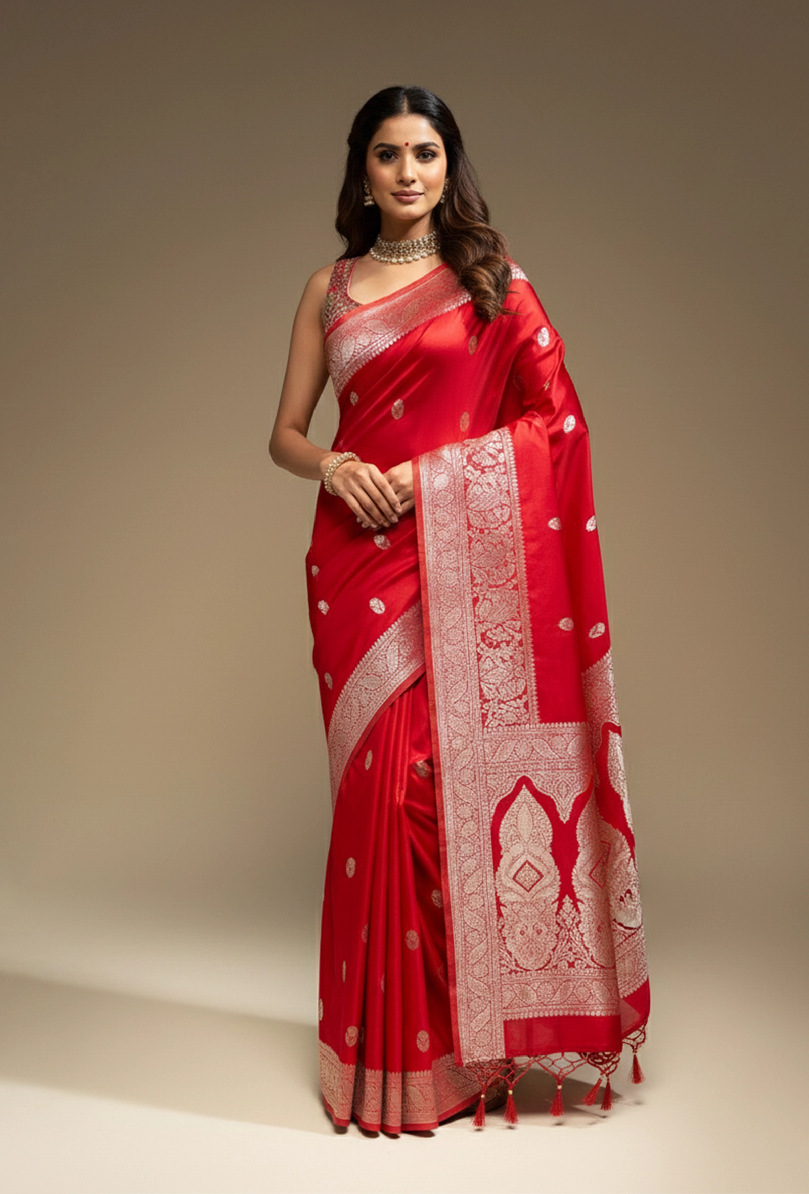 Royal Red Pure Malai Silk Saree With Tikki Work and Unstitched Blouse