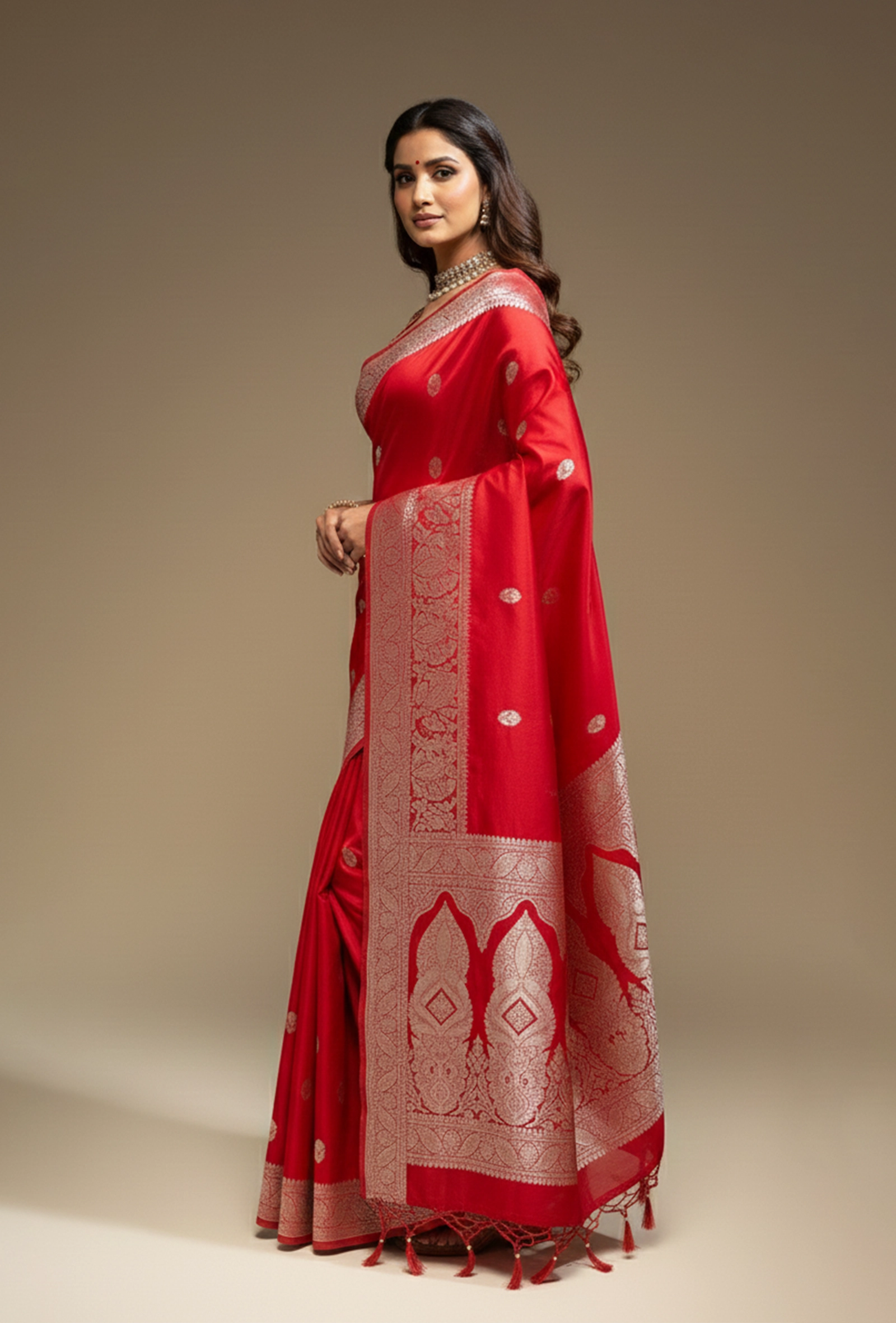 Royal Red Pure Malai Silk Saree With Tikki Work and Unstitched Blouse