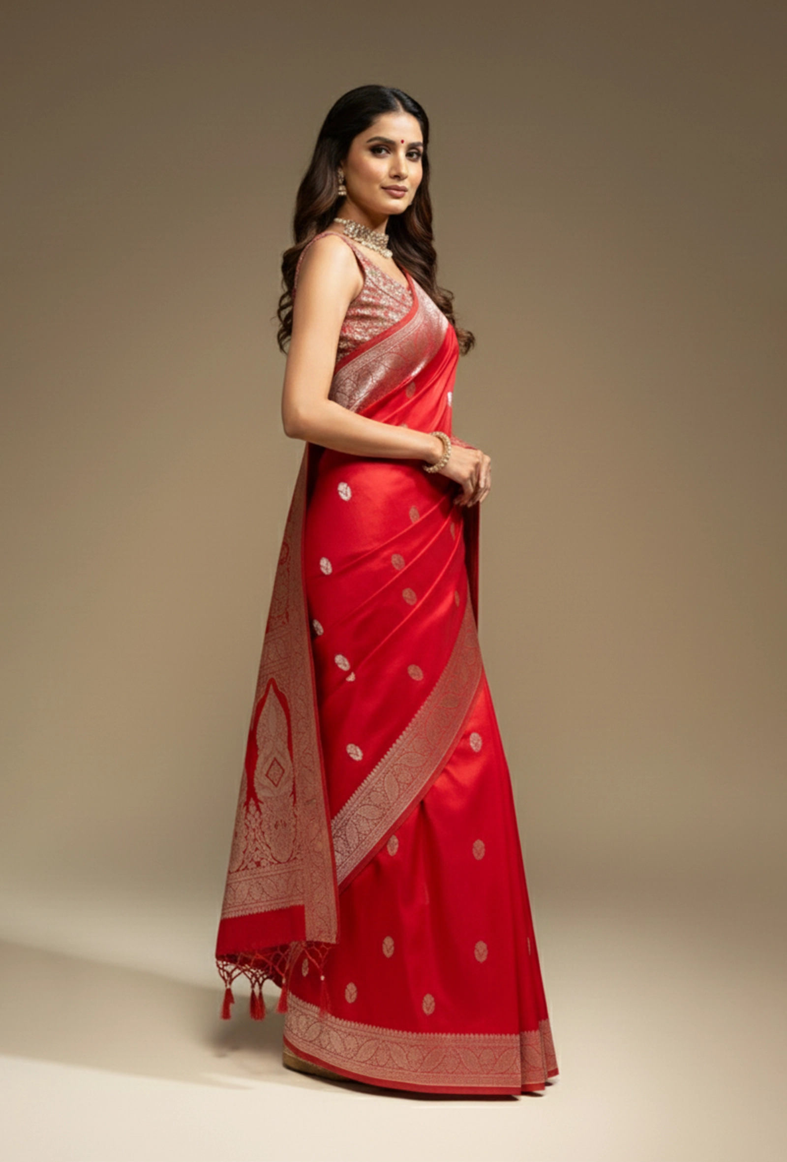 Royal Red Pure Malai Silk Saree With Tikki Work and Unstitched Blouse