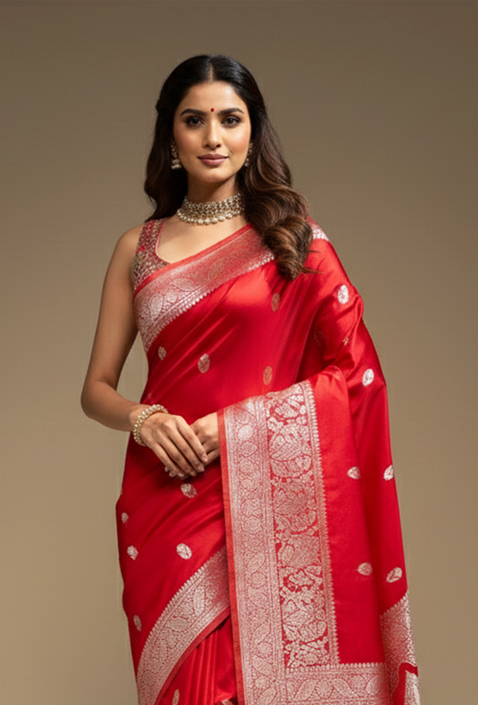 Royal Red Pure Malai Silk Saree With Tikki Work and Unstitched Blouse