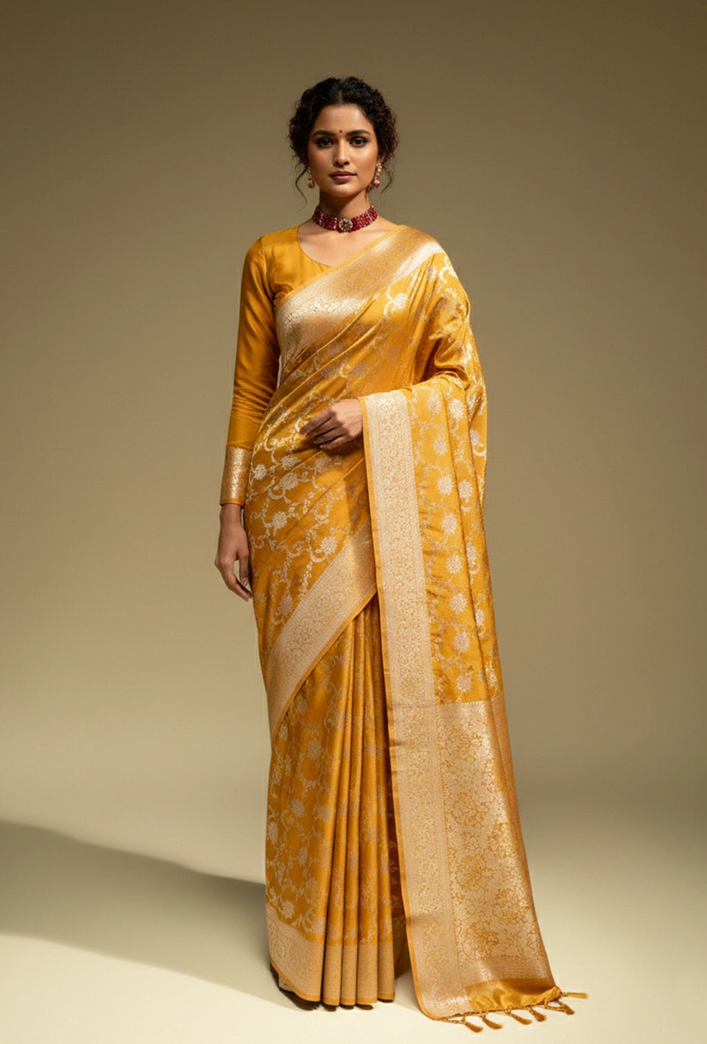 Pure Mashru Silk Saree In Marigold Yellow With Jaal Work