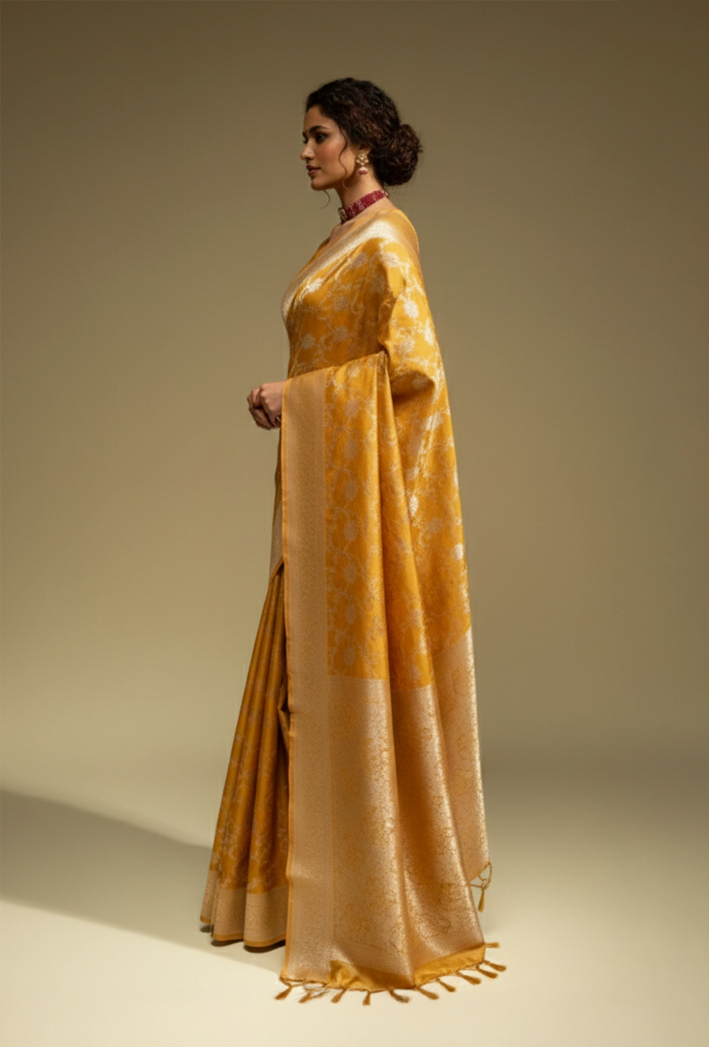 Pure Mashru Silk Saree In Marigold Yellow With Jaal Work