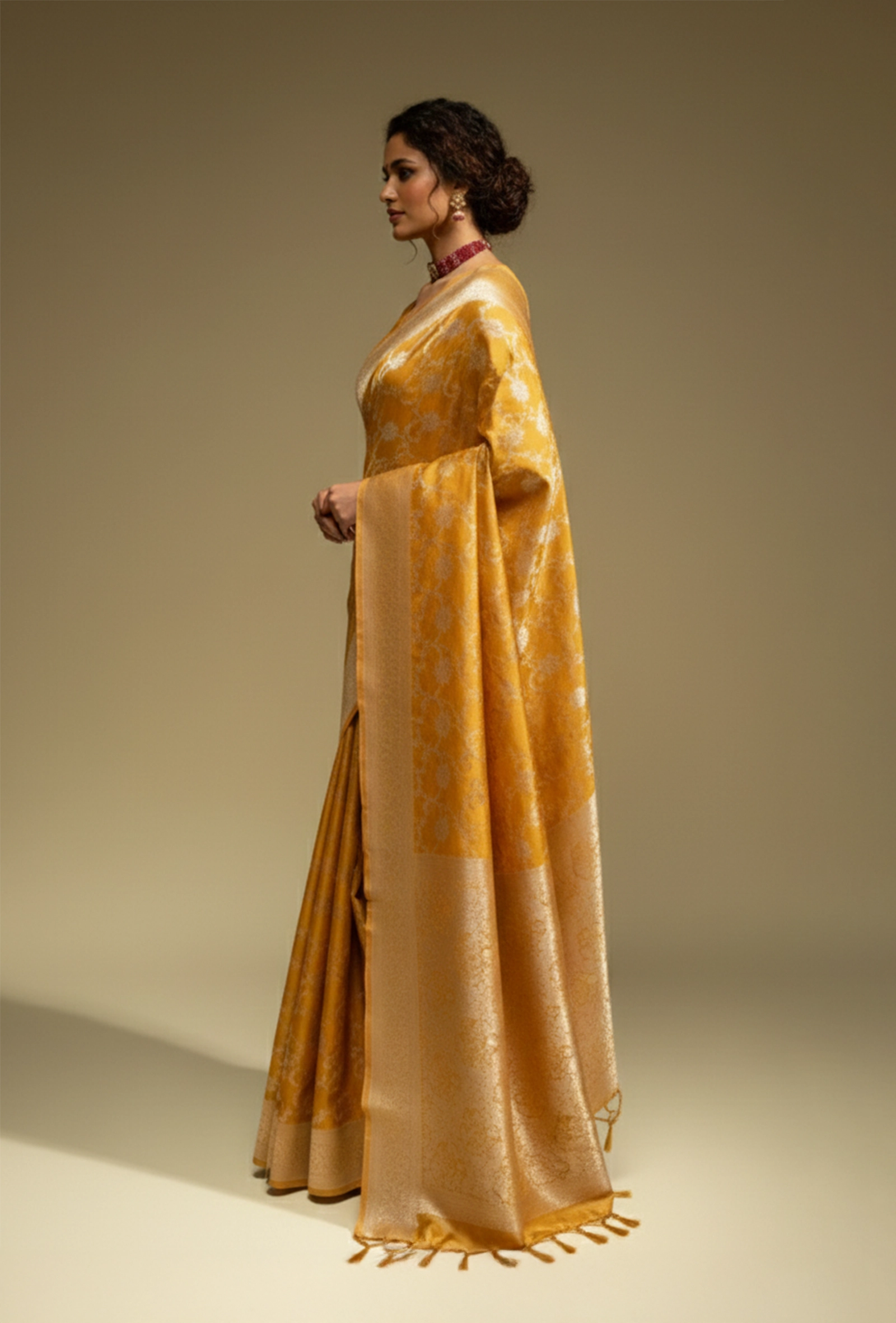 Pure Mashru Silk Saree In Marigold Yellow With Jaal Work