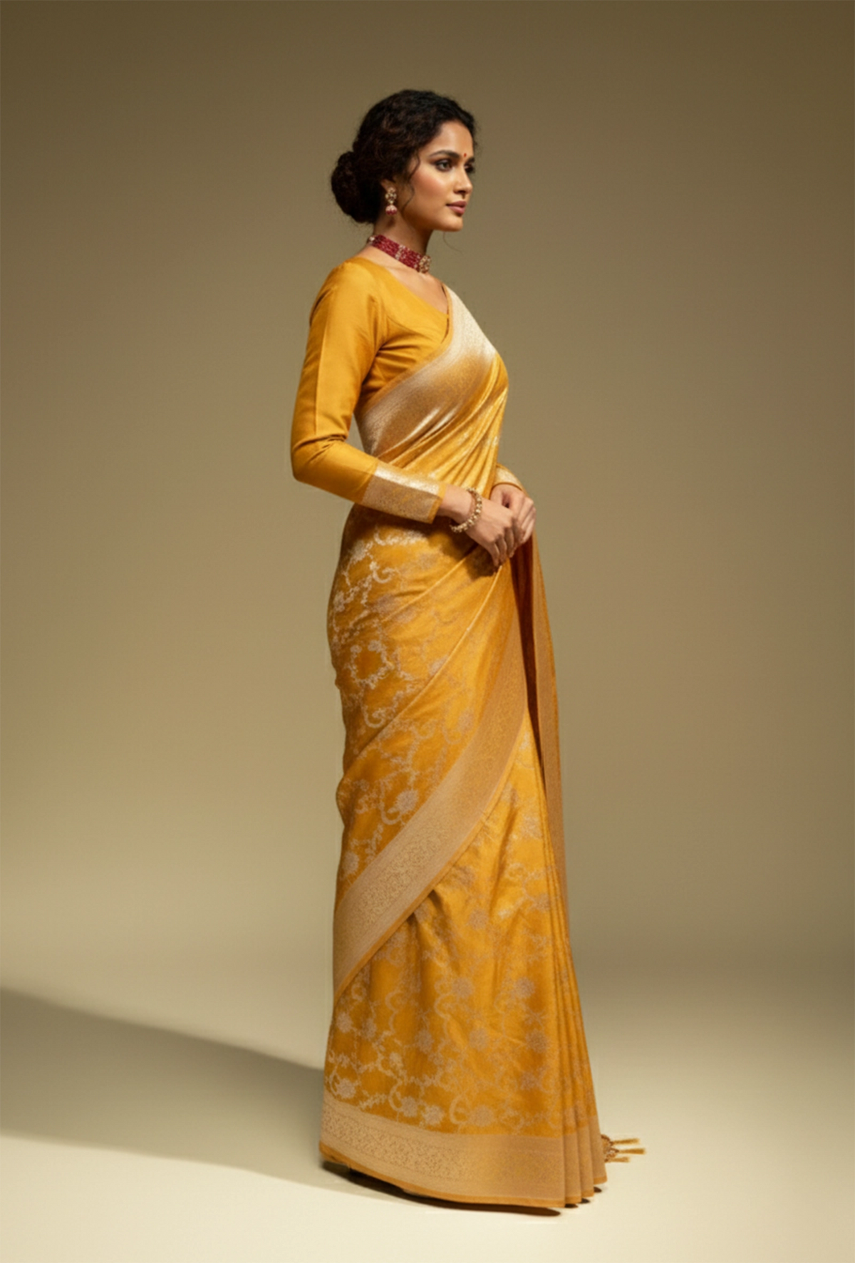 Pure Mashru Silk Saree In Marigold Yellow With Jaal Work