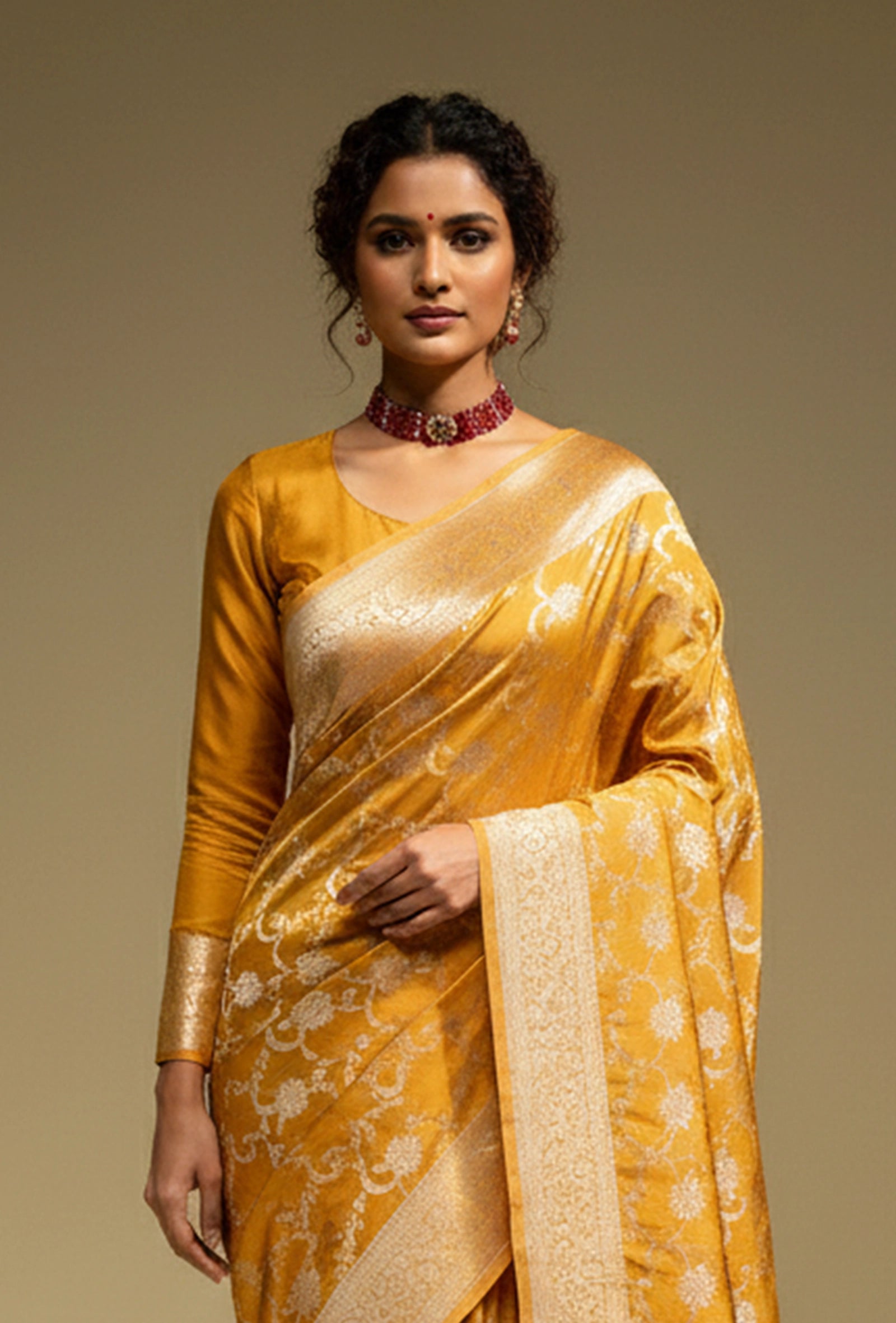 Pure Mashru Silk Saree In Marigold Yellow With Jaal Work