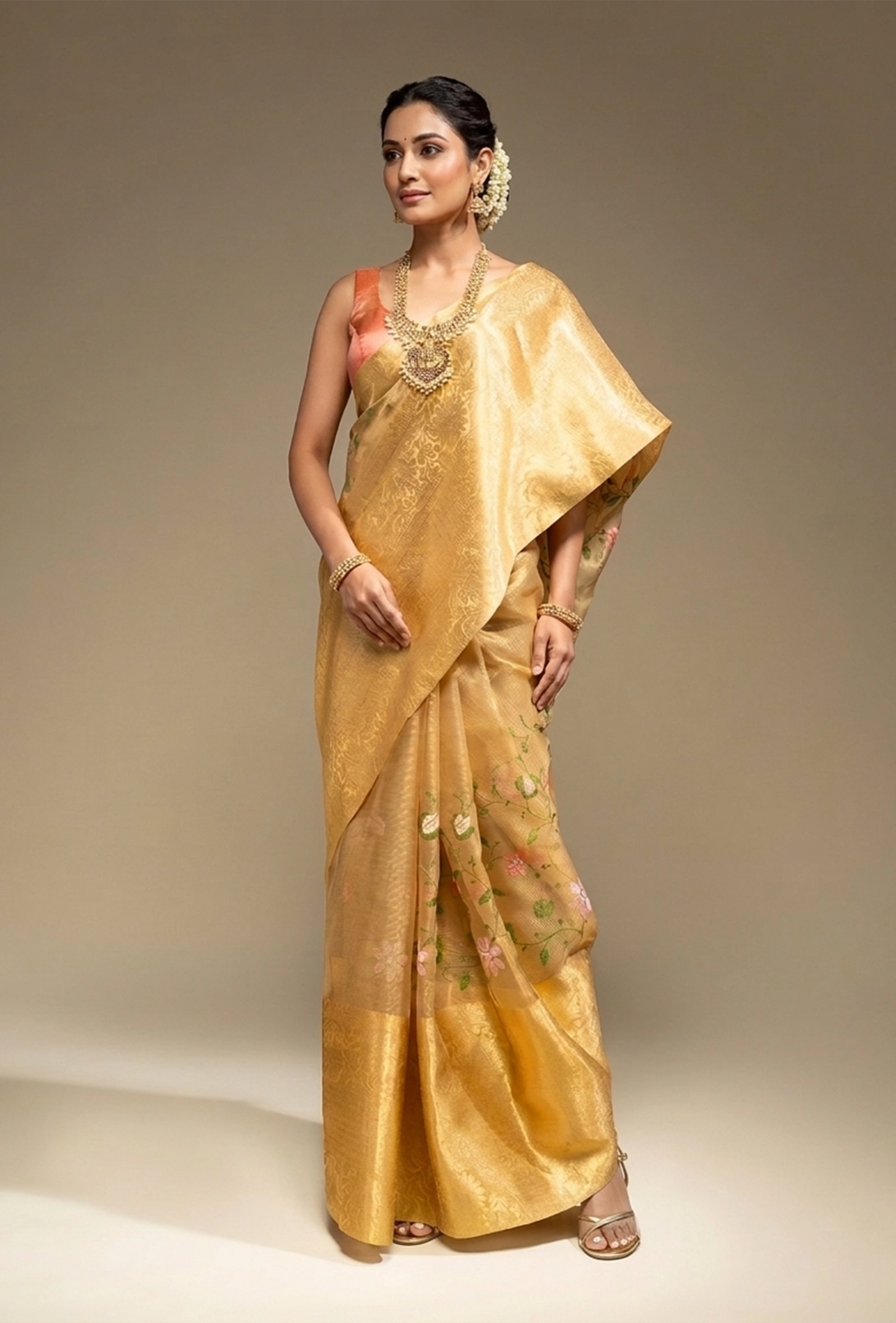 Ochre Yellow Khadi Organza Saree With Unstitched Blouse