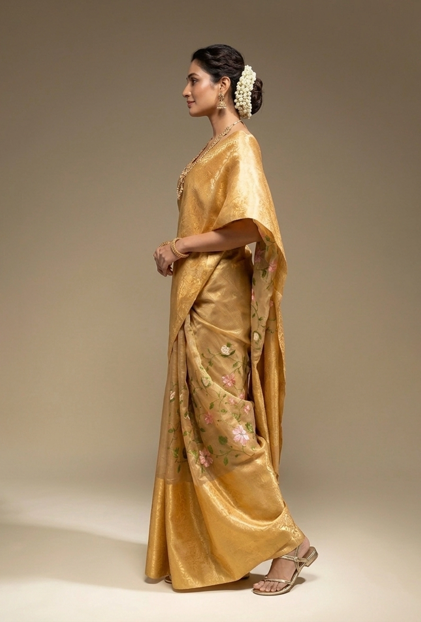 Ochre Yellow Khadi Organza Saree With Unstitched Blouse