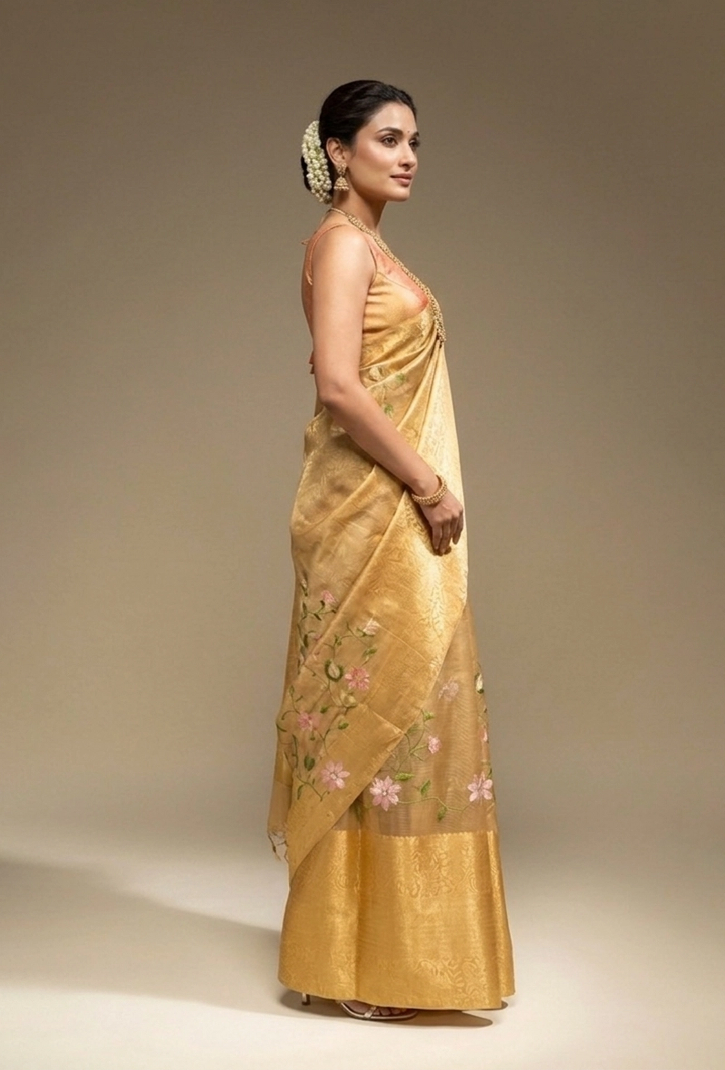 Ochre Yellow Khadi Organza Saree With Unstitched Blouse