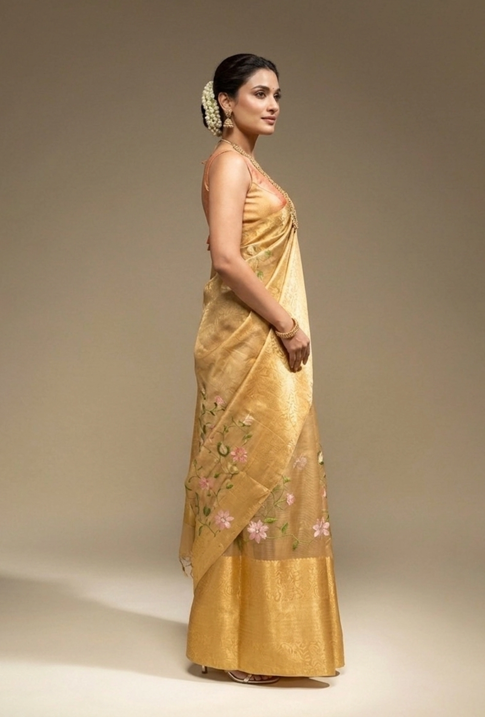 Ochre Yellow Khadi Organza Saree With Unstitched Blouse