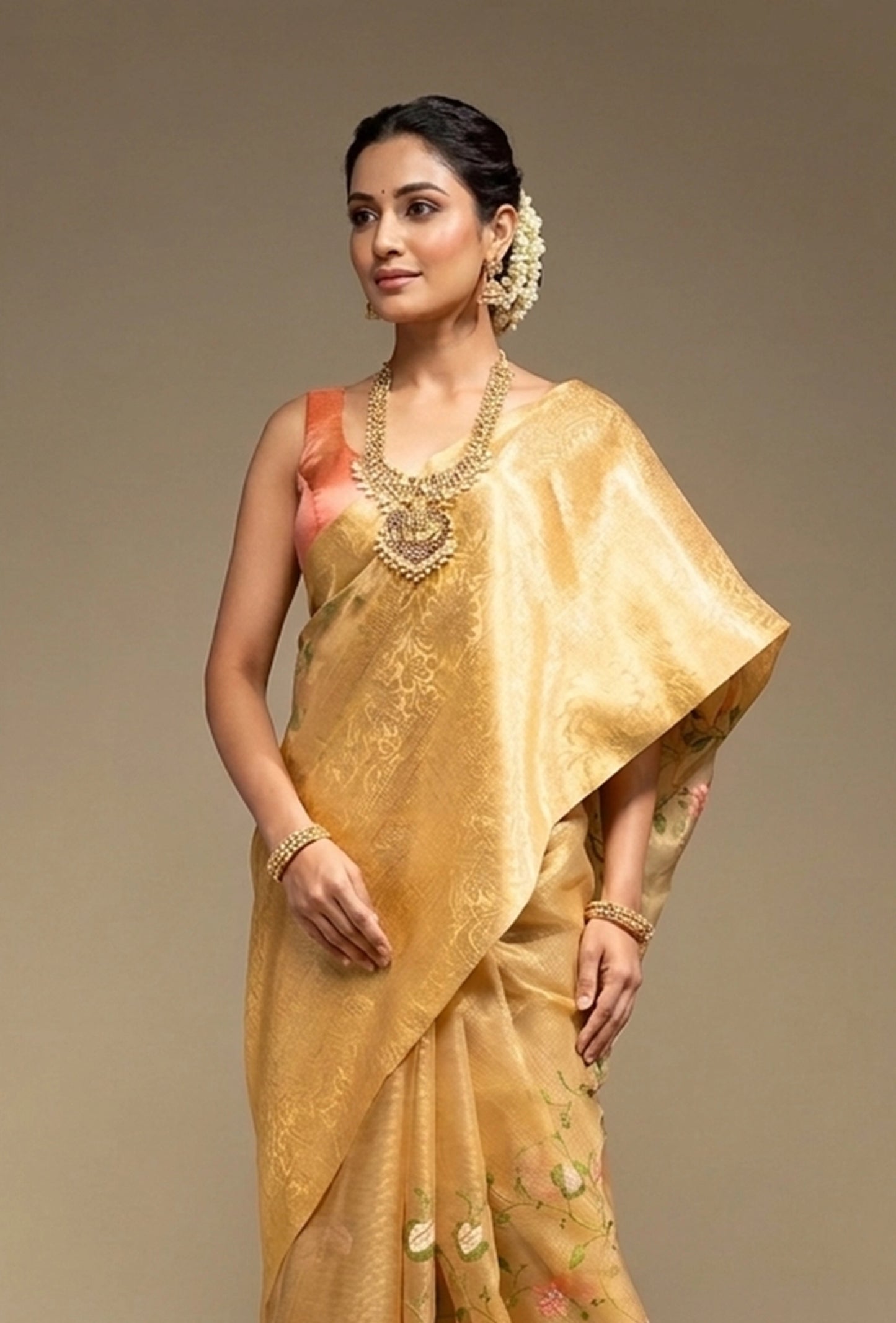 Ochre Yellow Khadi Organza Saree With Unstitched Blouse