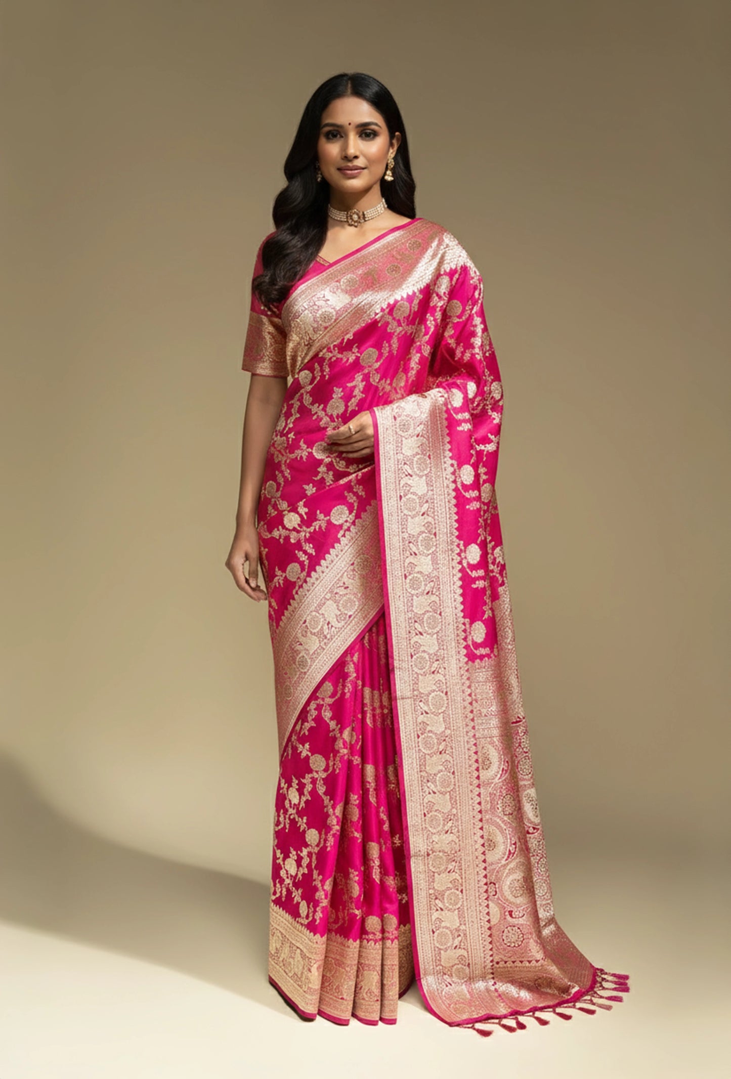 Rani Pink Katan Silk Saree with Zari Buttiwork