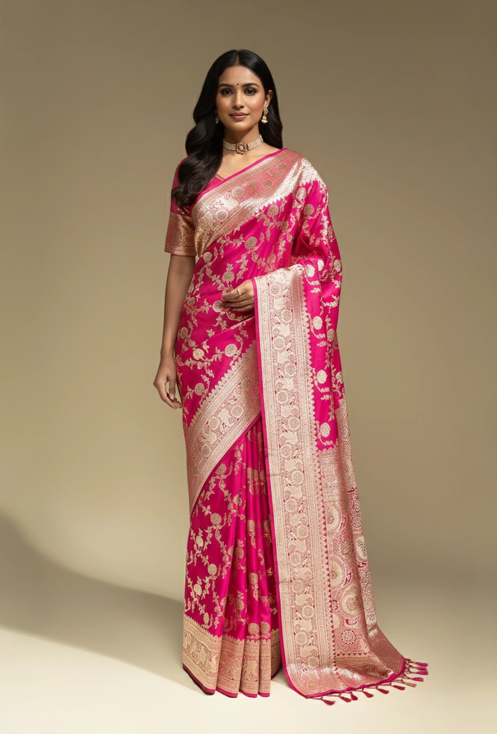 Rani Pink Katan Silk Saree with Zari Buttiwork