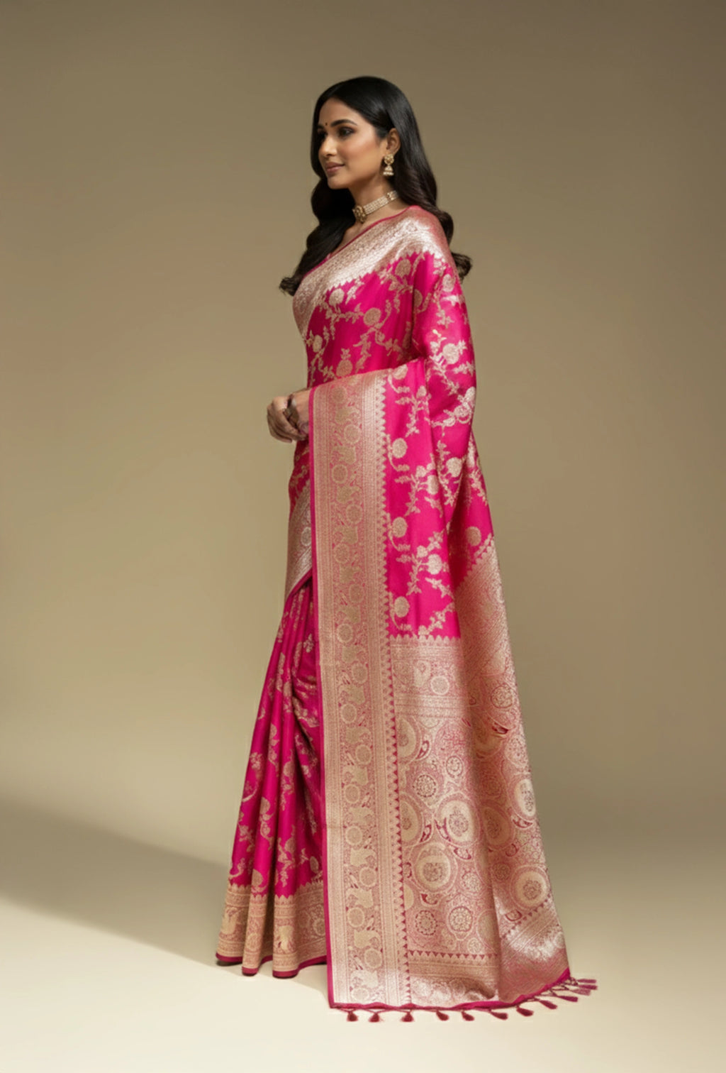 Rani Pink Katan Silk Saree with Zari Buttiwork