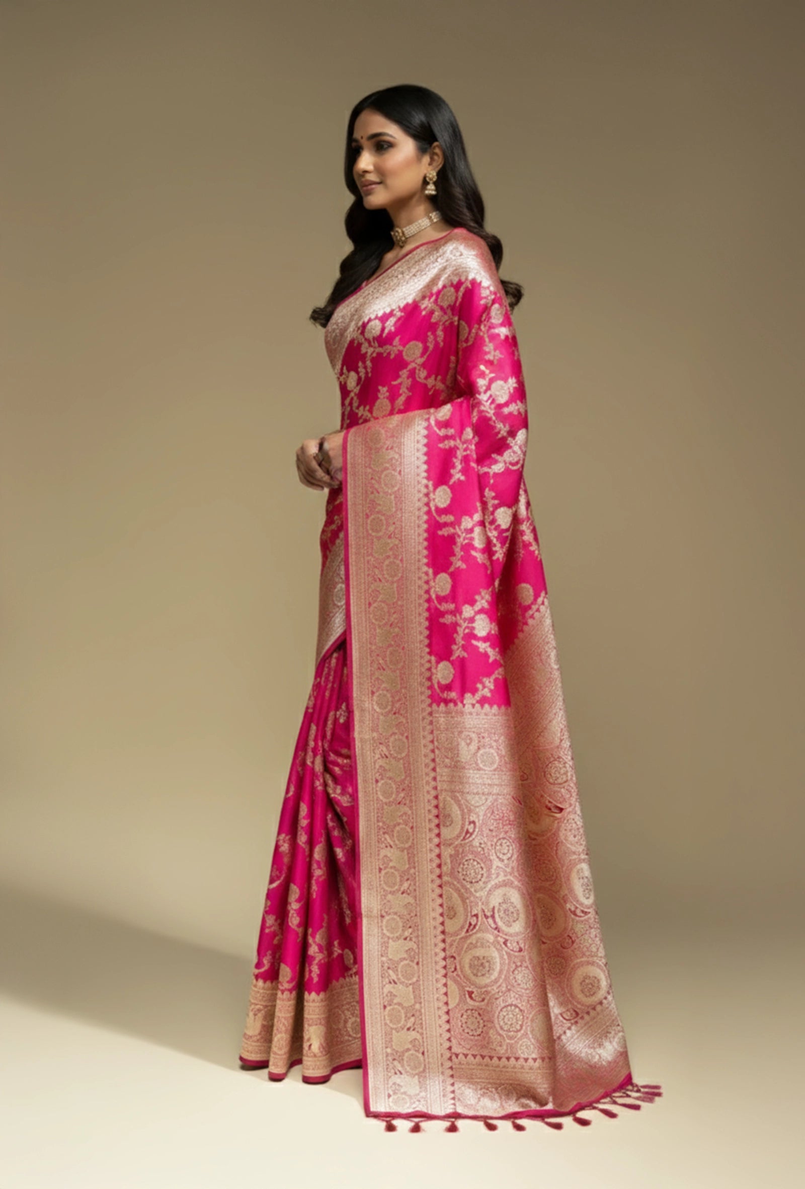 Rani Pink Katan Silk Saree with Zari Buttiwork