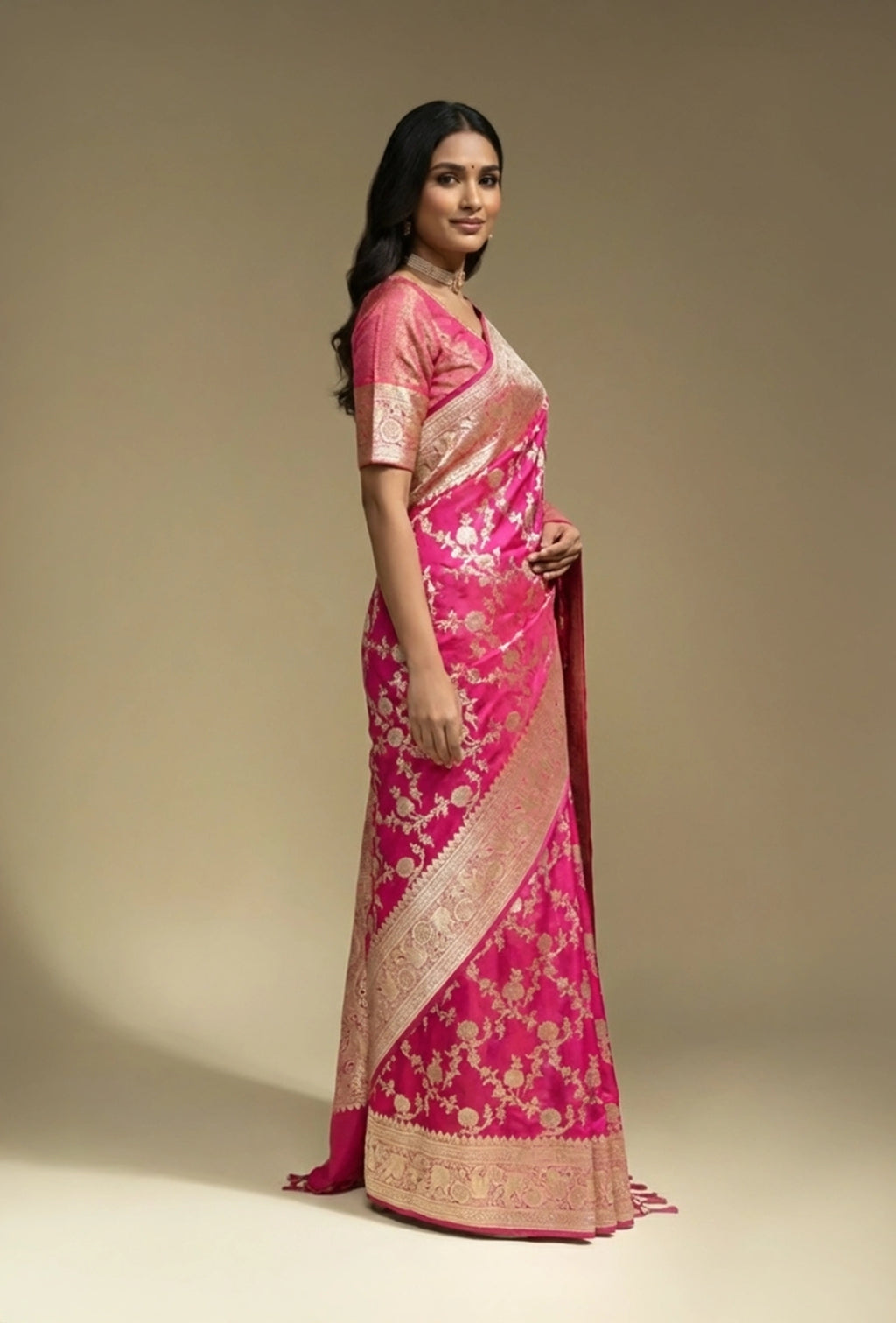 Rani Pink Katan Silk Saree with Zari Buttiwork