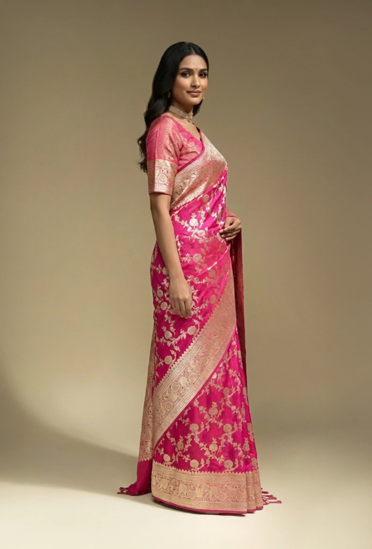 Rani Pink Katan Silk Saree with Zari Buttiwork