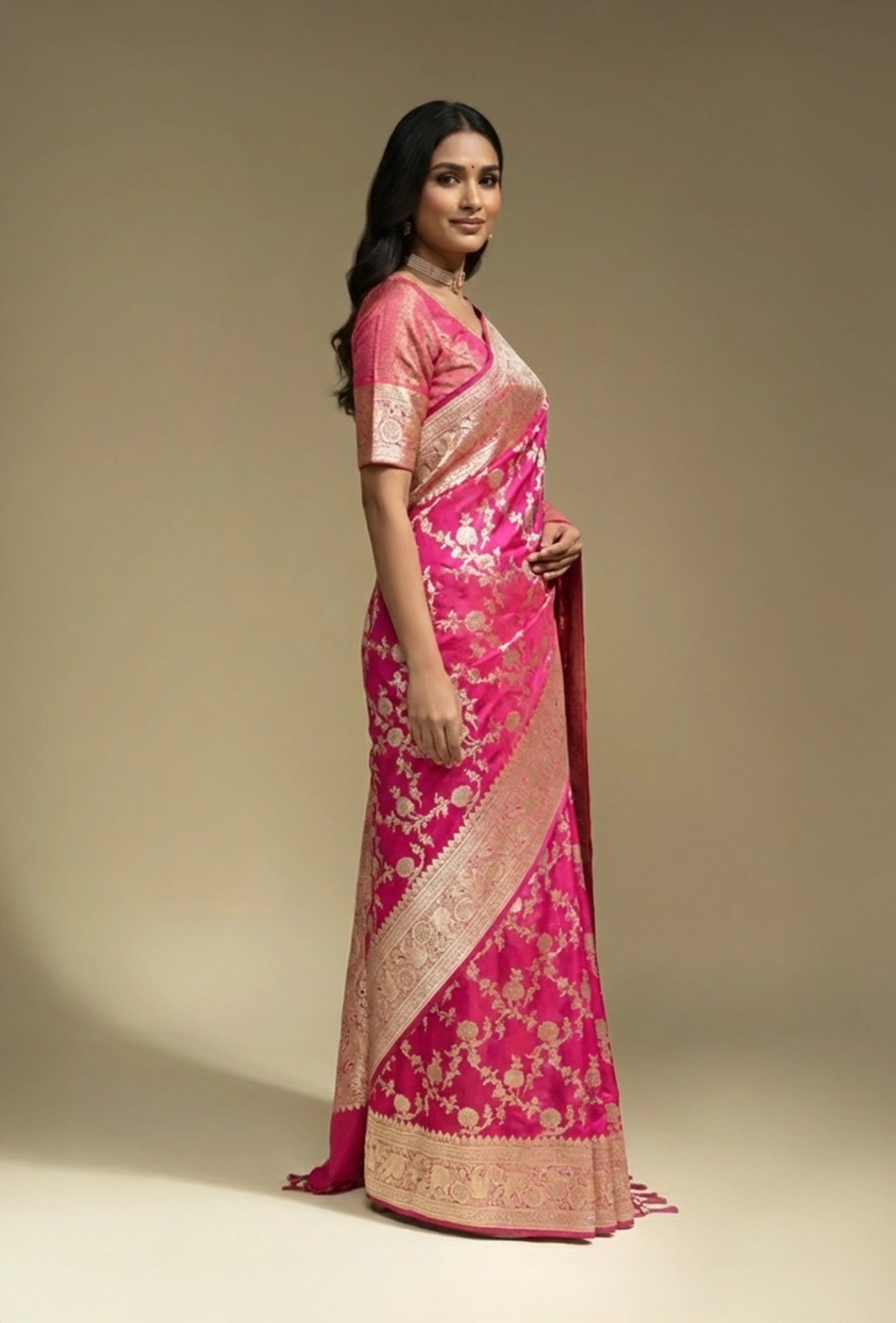 Rani Pink Katan Silk Saree with Zari Buttiwork