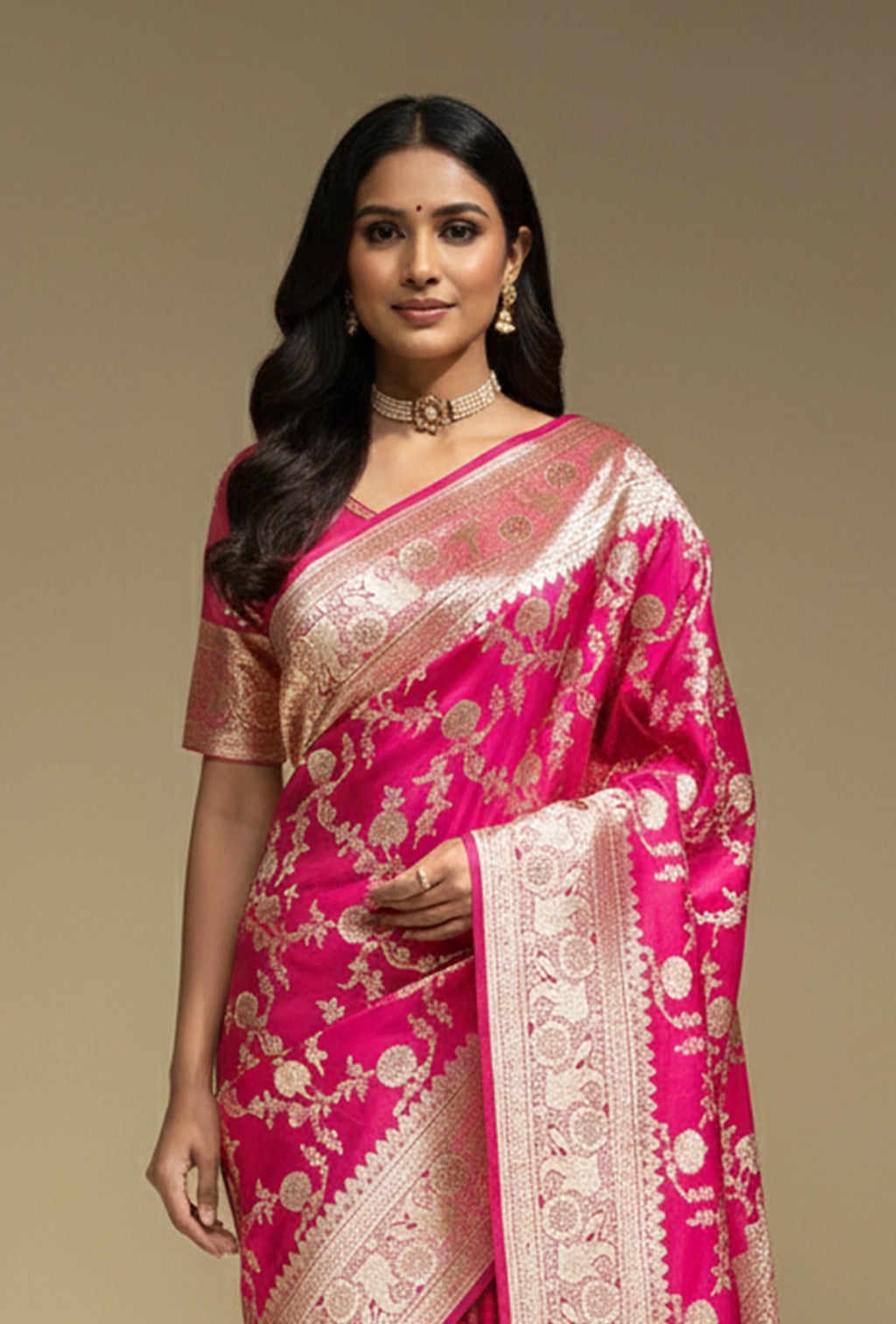 Rani Pink Katan Silk Saree with Zari Buttiwork