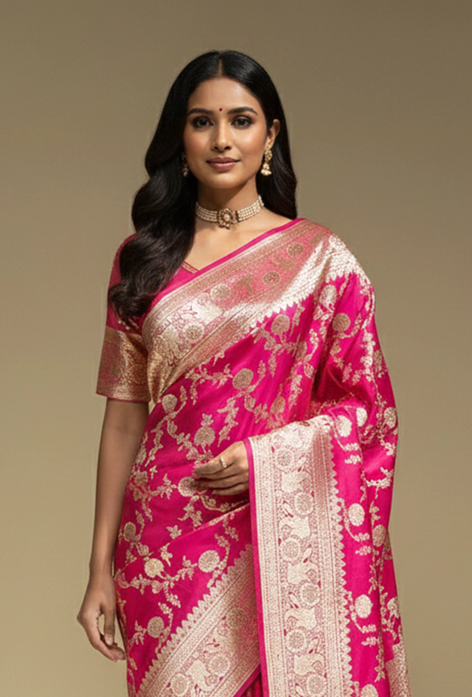 Rani Pink Katan Silk Saree with Zari Buttiwork