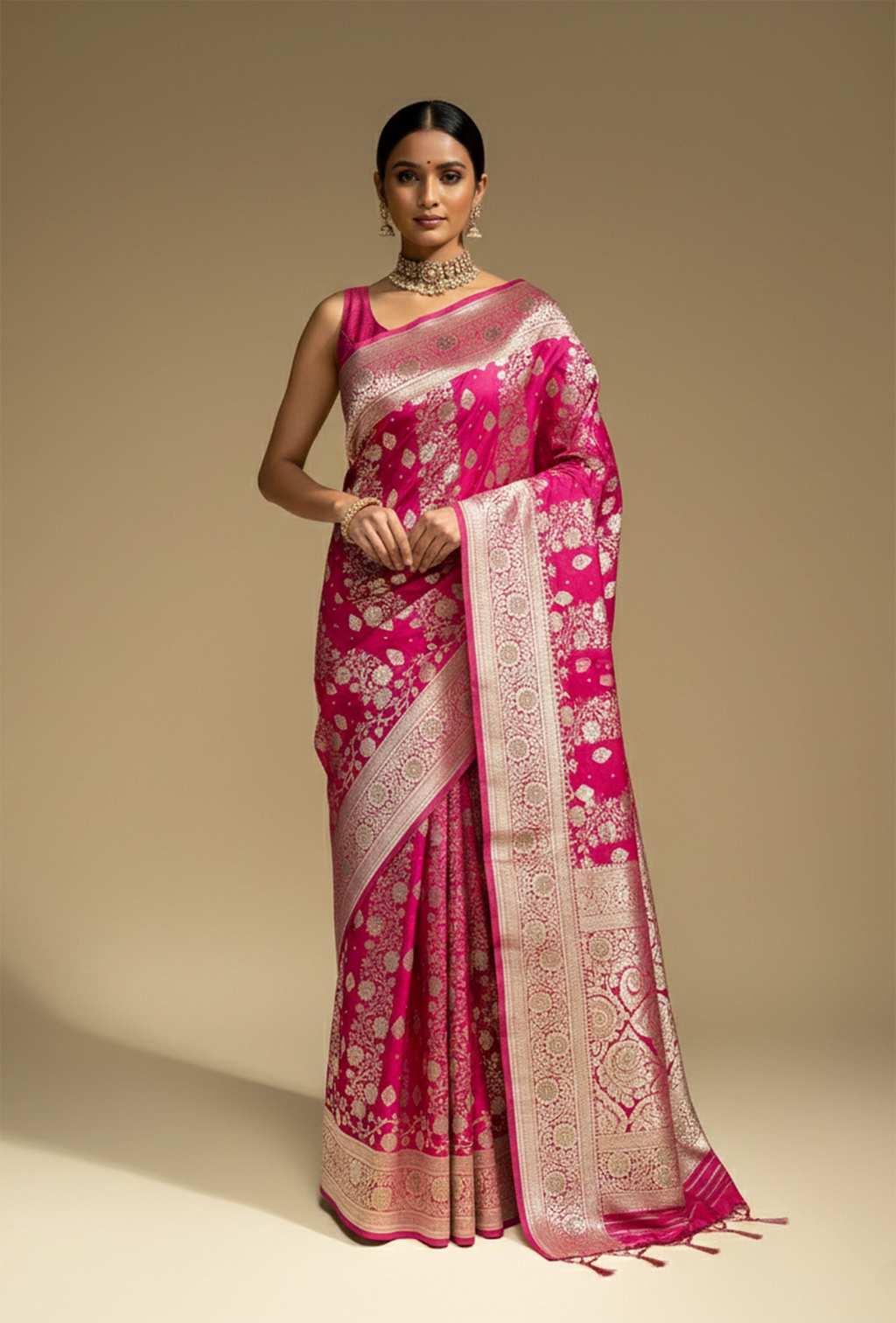 Katan Silk Saree In Rani Pink With Intricate Jangla Work