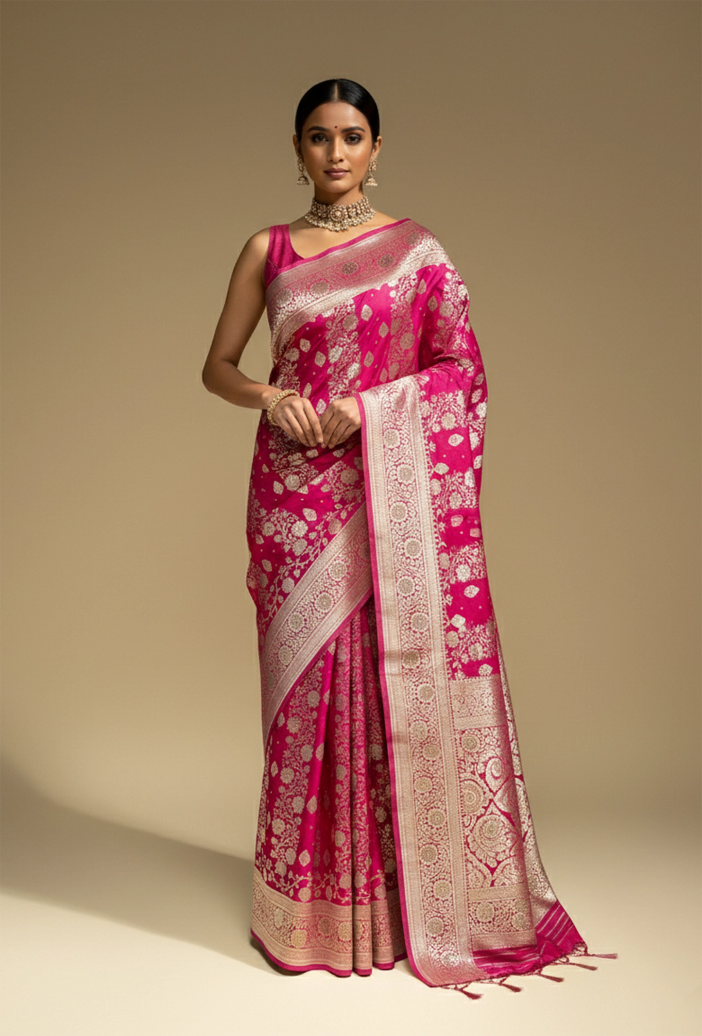 Katan Silk Saree In Rani Pink With Intricate Jangla Work