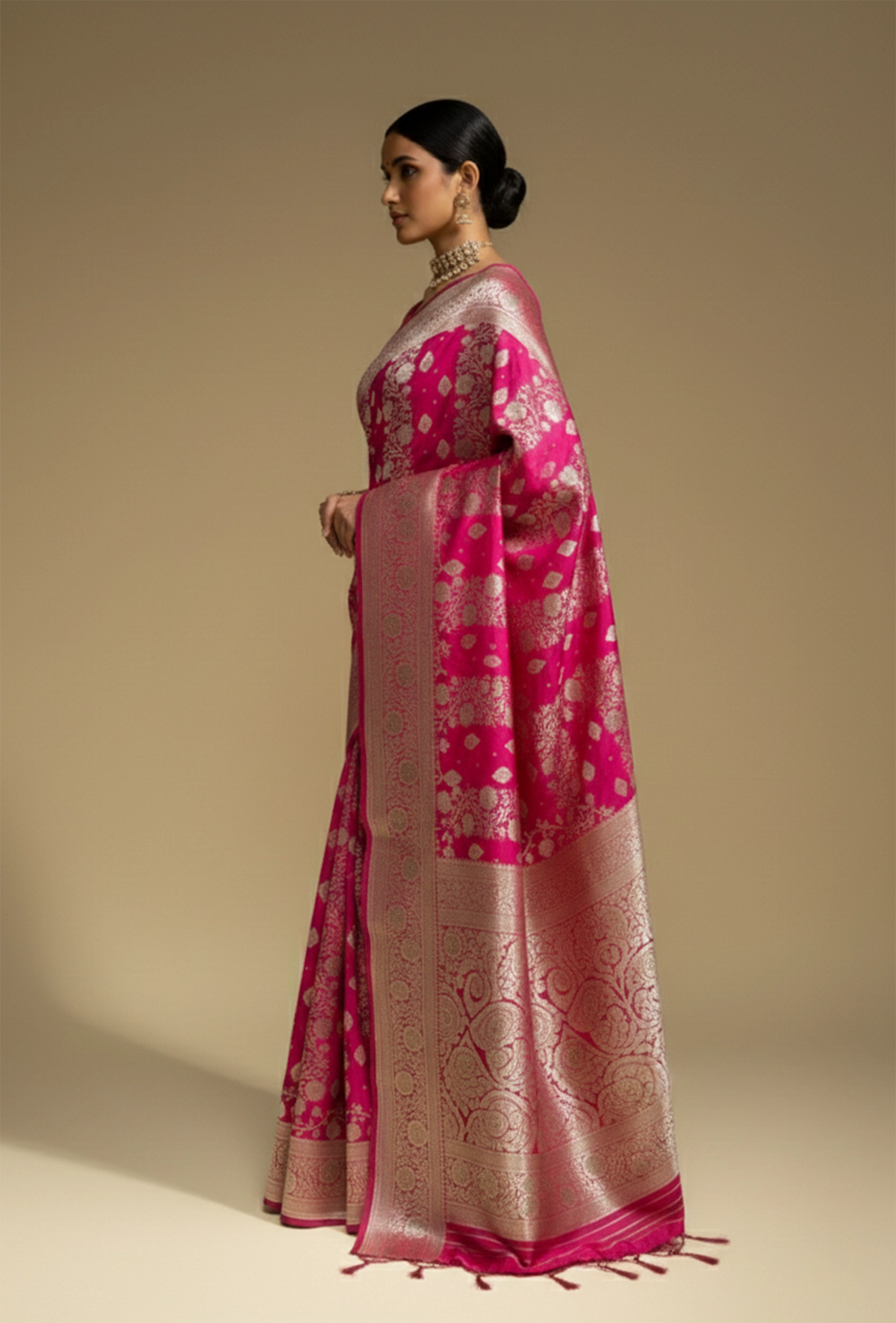 Katan Silk Saree In Rani Pink With Intricate Jangla Work