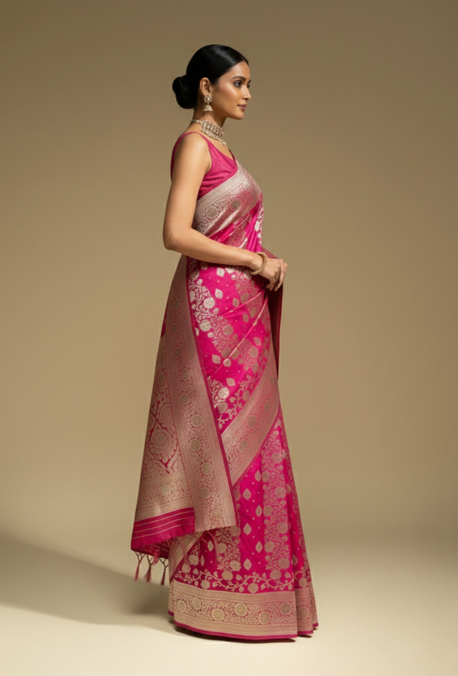 Katan Silk Saree In Rani Pink With Intricate Jangla Work