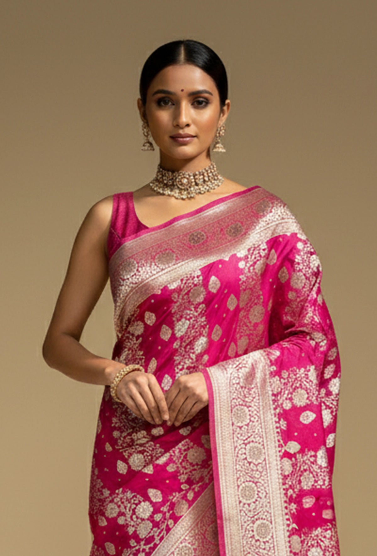 Katan Silk Saree In Rani Pink With Intricate Jangla Work