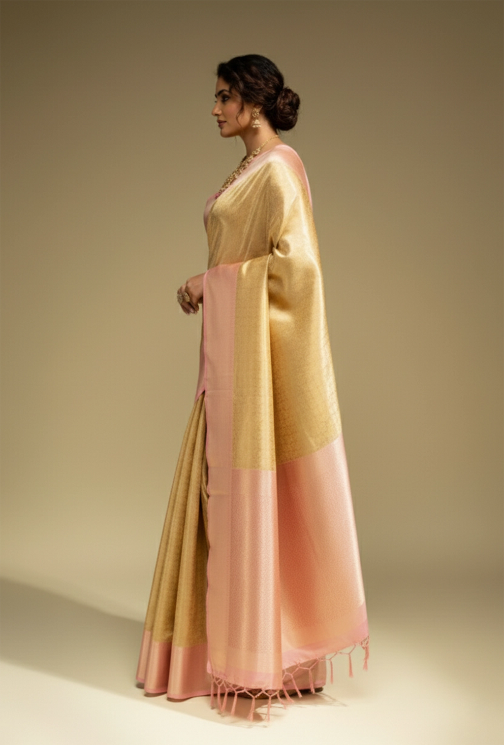 Tissue Silk Saree In Golden And Pink With Paisley Motifs
