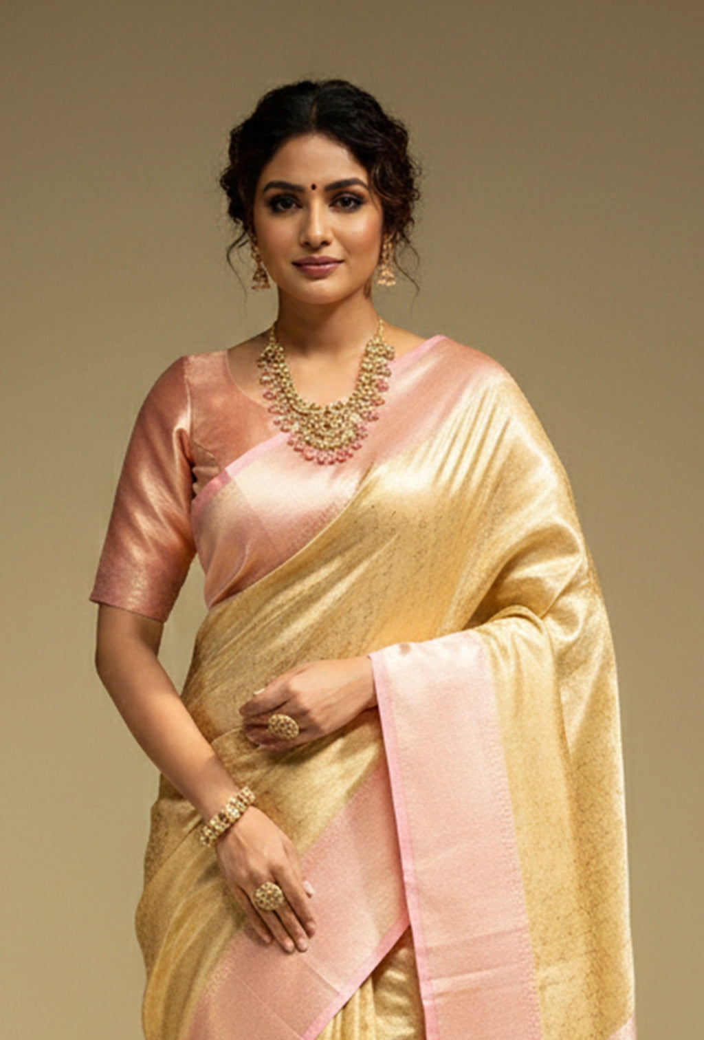 Tissue Silk Saree In Golden And Pink With Paisley Motifs
