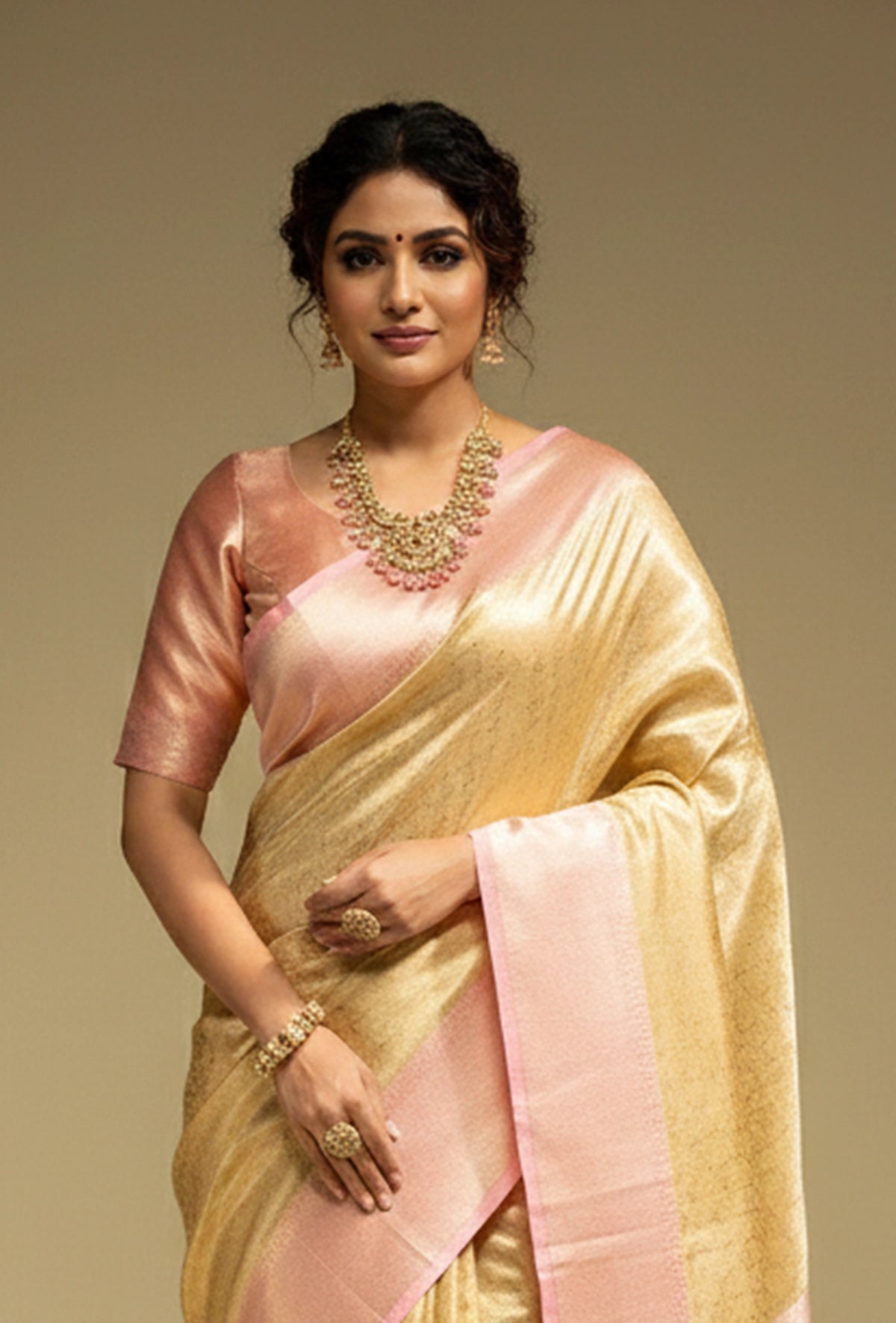 Tissue Silk Saree In Golden And Pink With Paisley Motifs