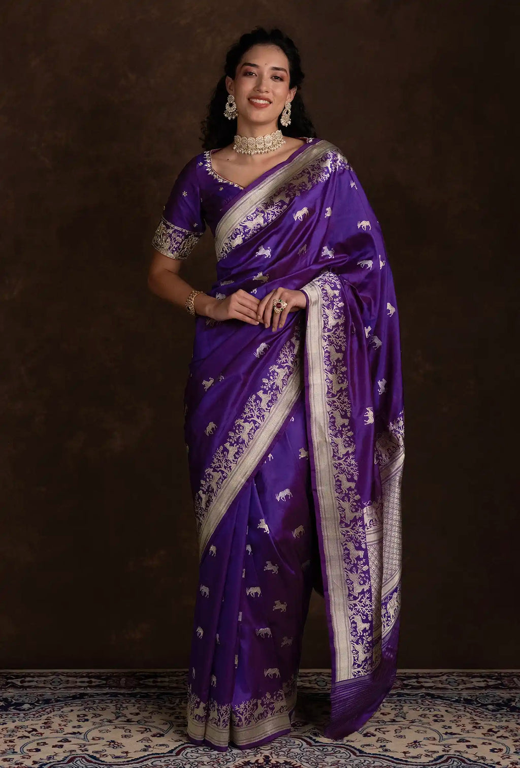 Deep Violet Shikargah Mashru Silk Saree With Unstitched Blouse
