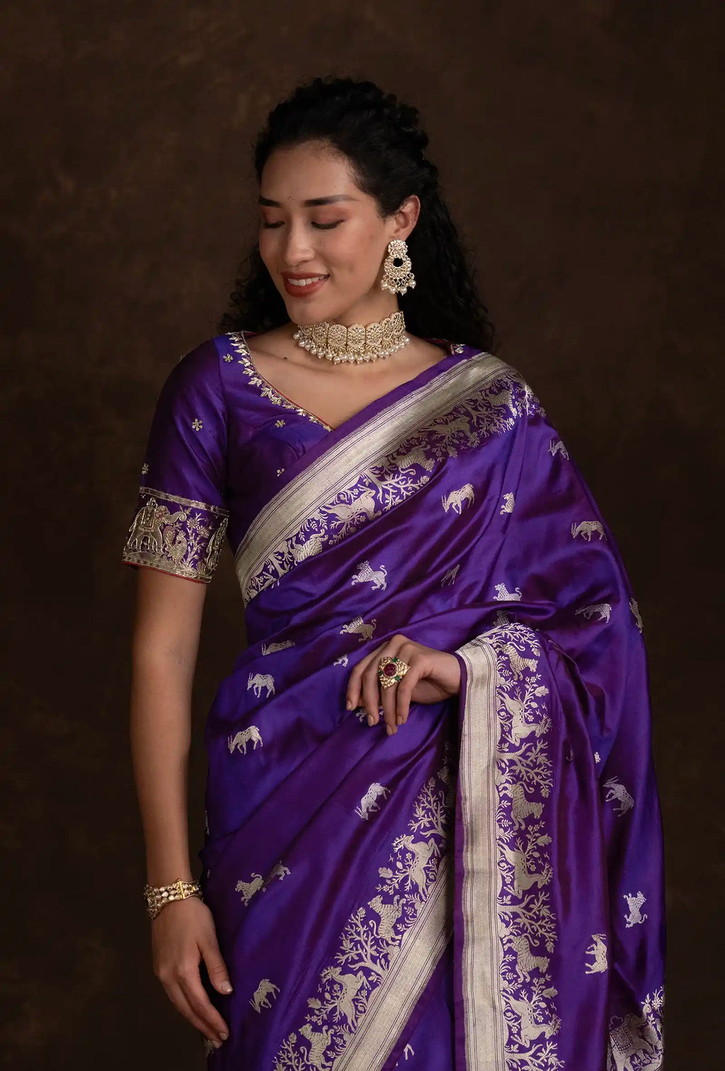 Deep Violet Shikargah Mashru Silk Saree With Unstitched Blouse