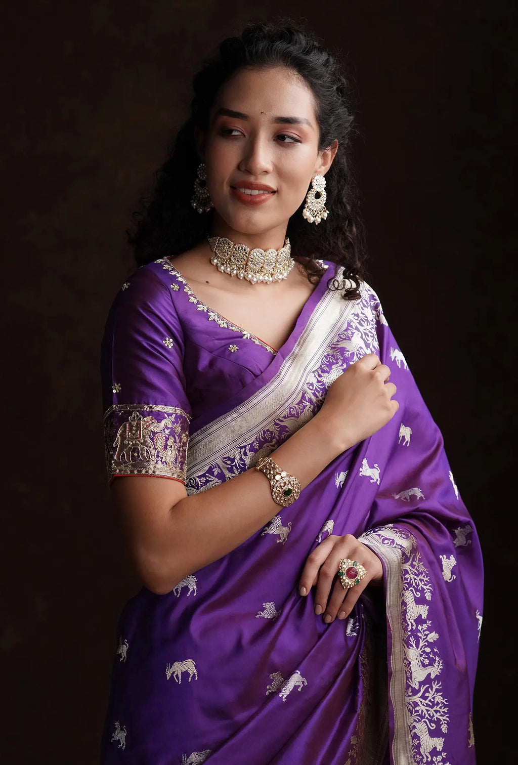Deep Violet Shikargah Mashru Silk Saree With Unstitched Blouse