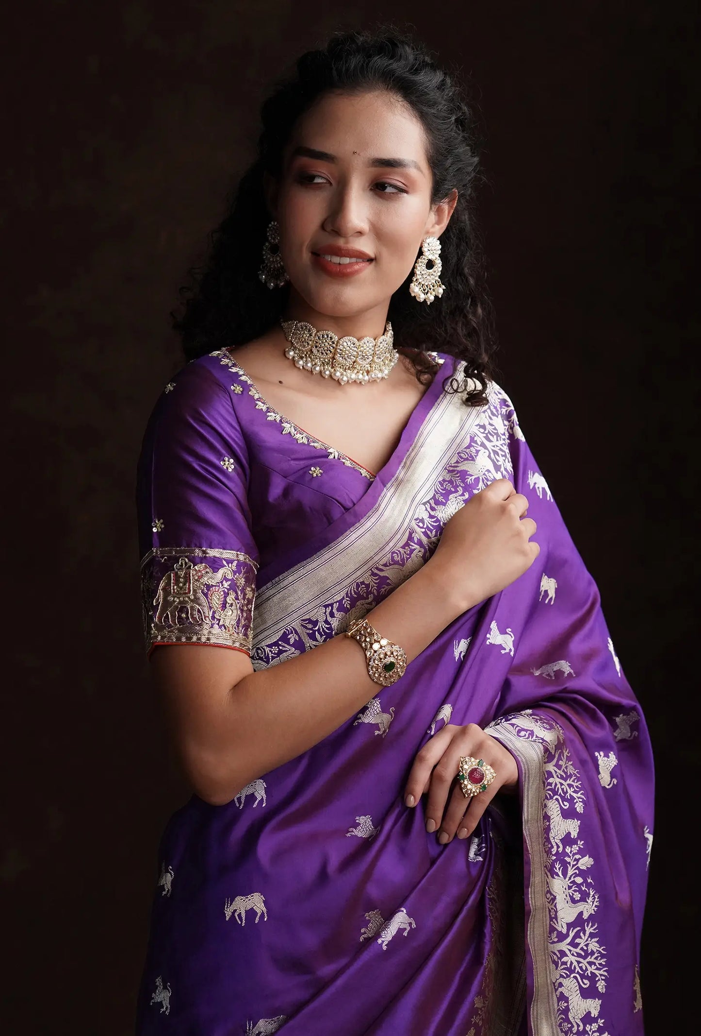 Deep Violet Shikargah Mashru Silk Saree With Unstitched Blouse