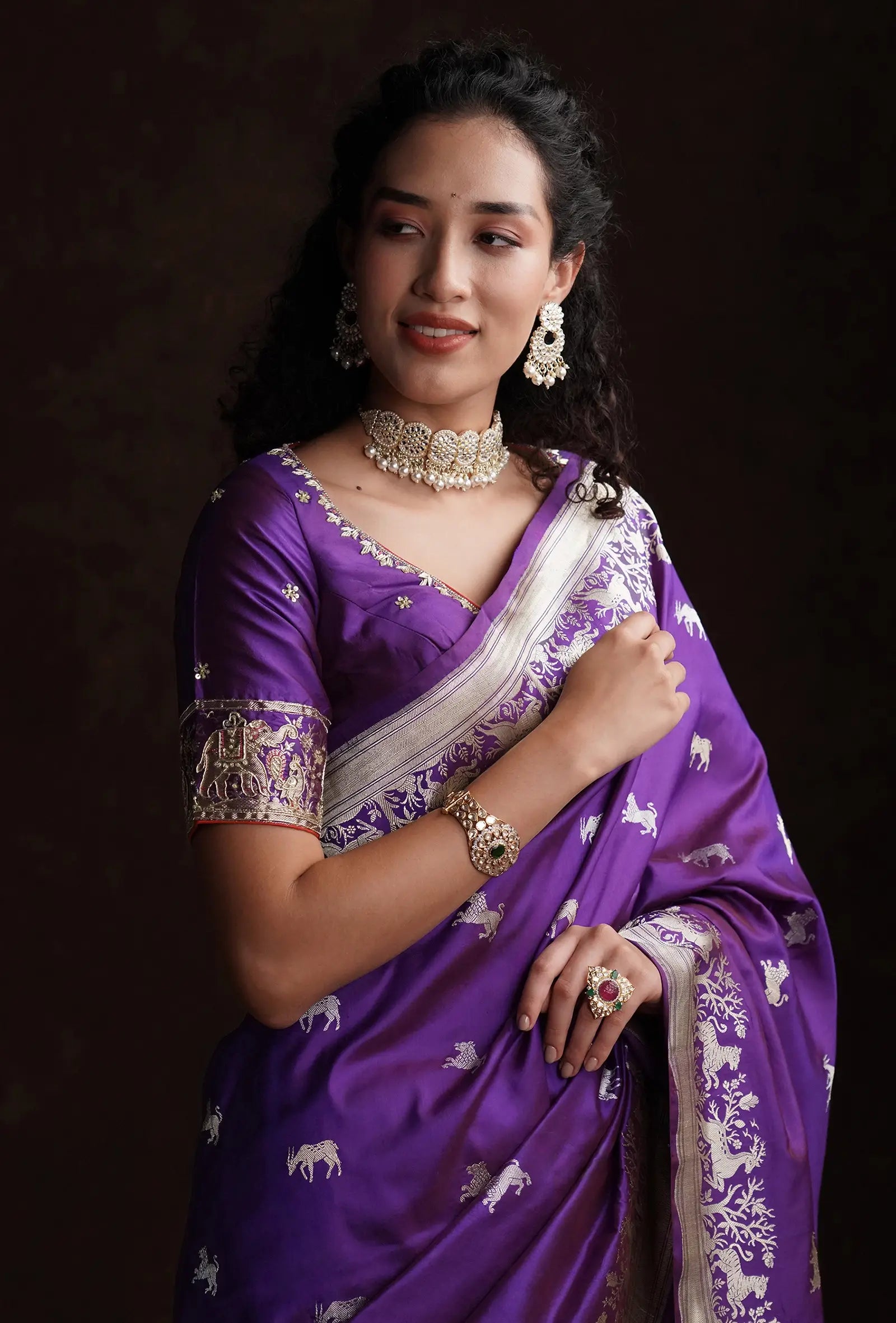 Deep Violet Shikargah Mashru Silk Saree With Unstitched Blouse