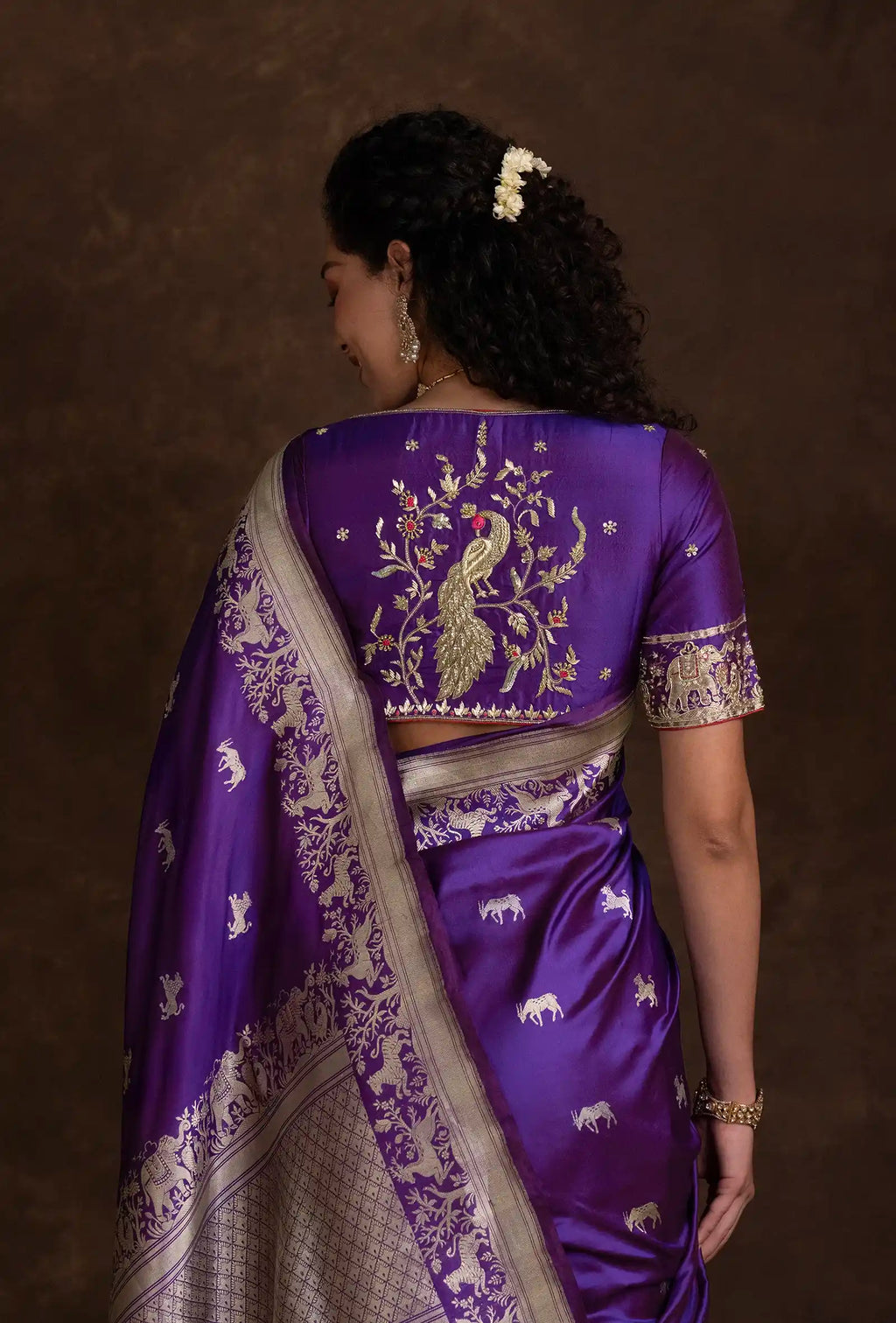 Deep Violet Shikargah Mashru Silk Saree With Unstitched Blouse