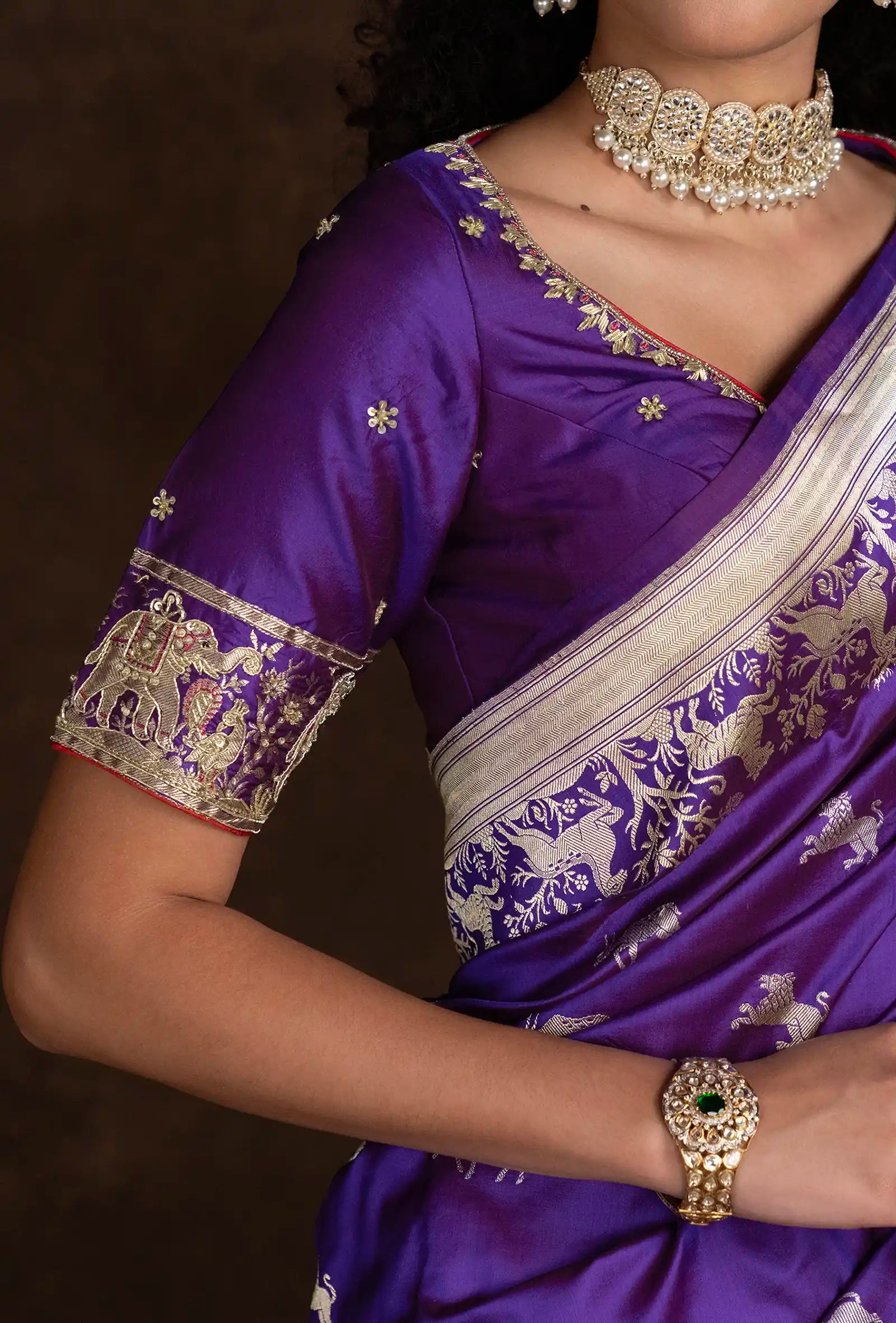 Deep Violet Shikargah Mashru Silk Saree With Unstitched Blouse