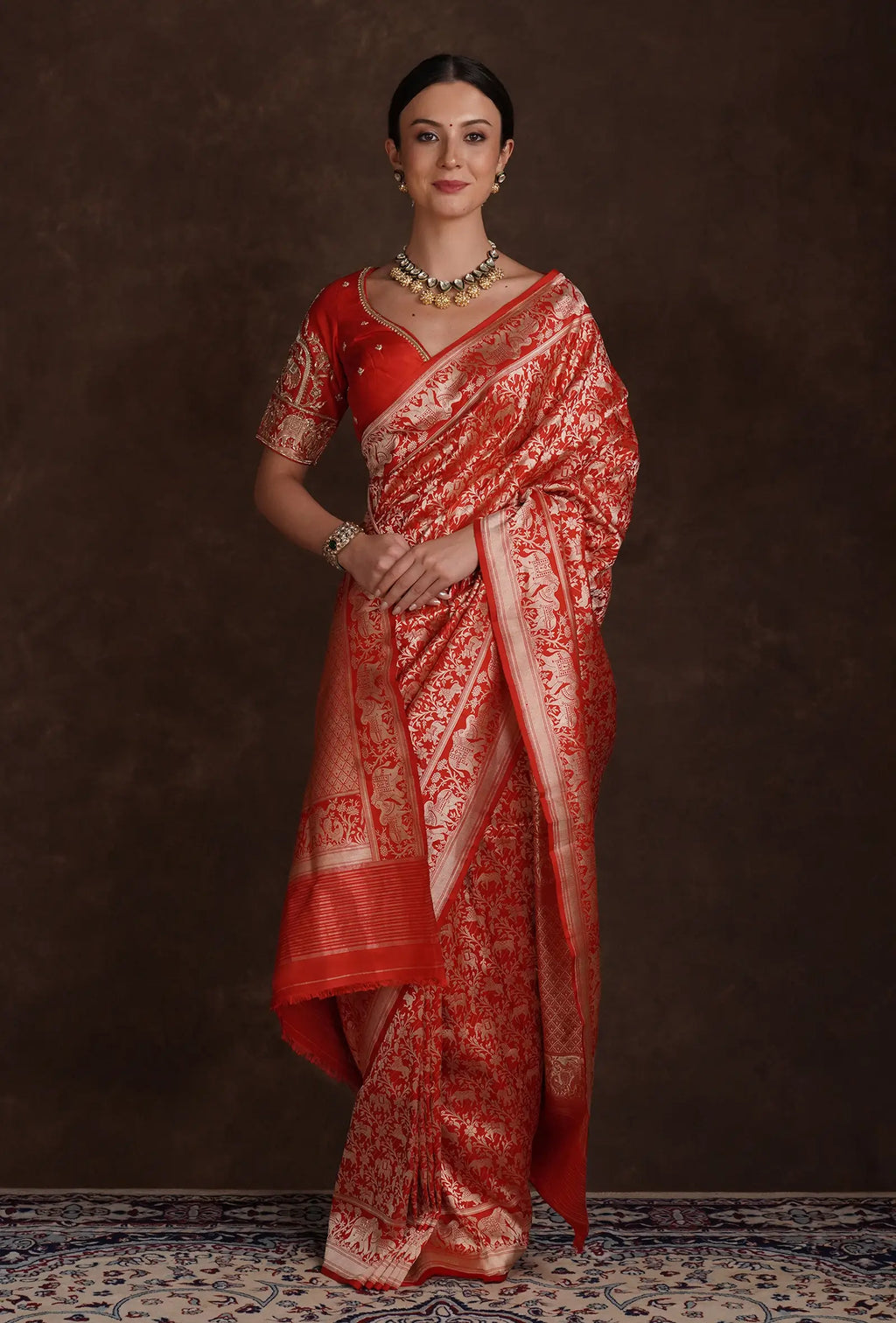 Crimson Red Shikargah Mashru Silk Saree With Unstitched Blouse