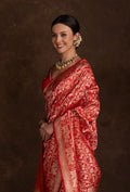 Crimson Red Shikargah Mashru Silk Saree With Unstitched Blouse