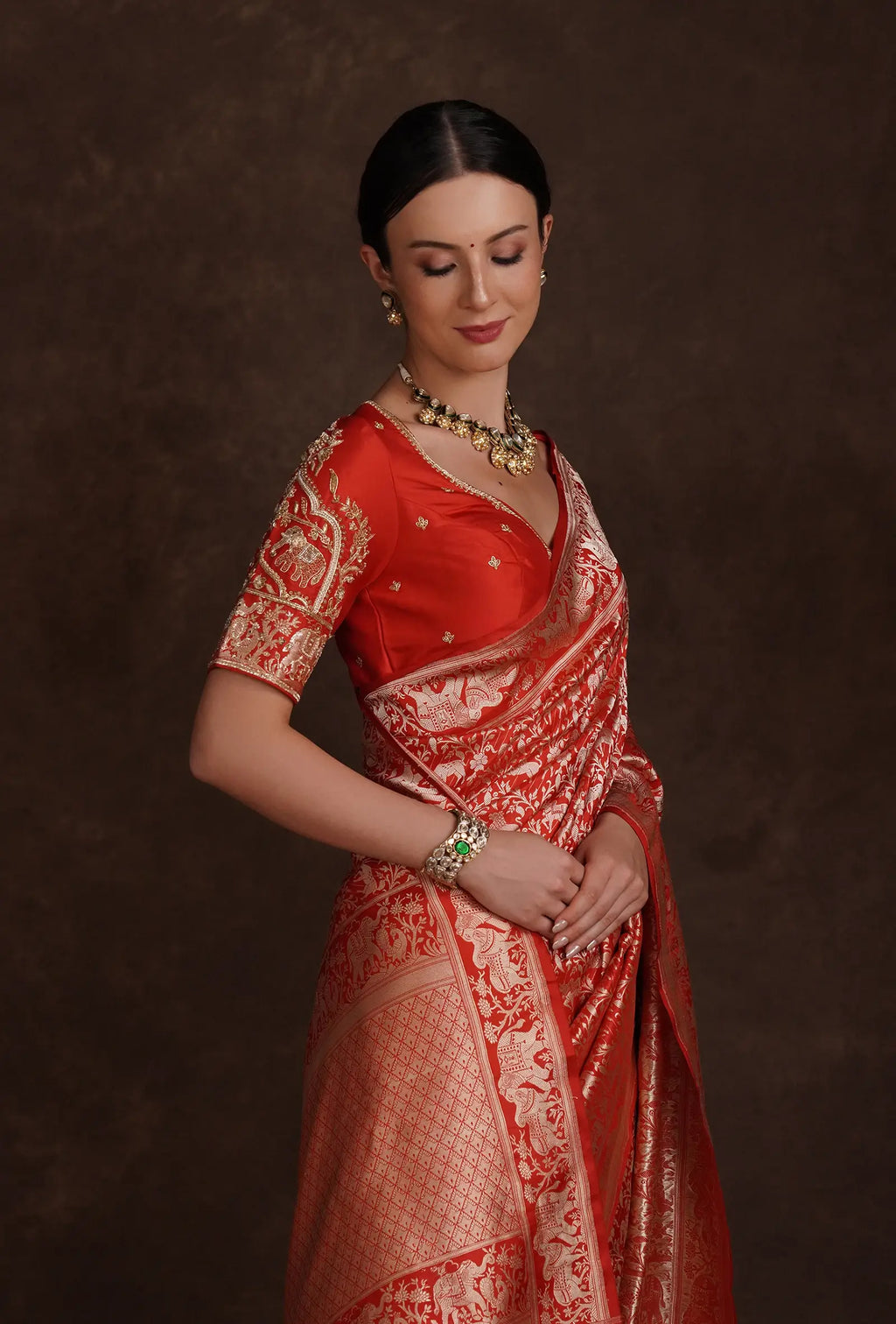 Crimson Red Shikargah Mashru Silk Saree With Unstitched Blouse