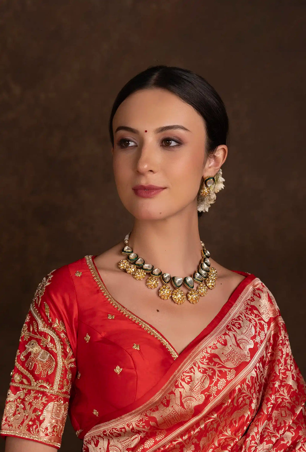 Crimson Red Shikargah Mashru Silk Saree With Unstitched Blouse