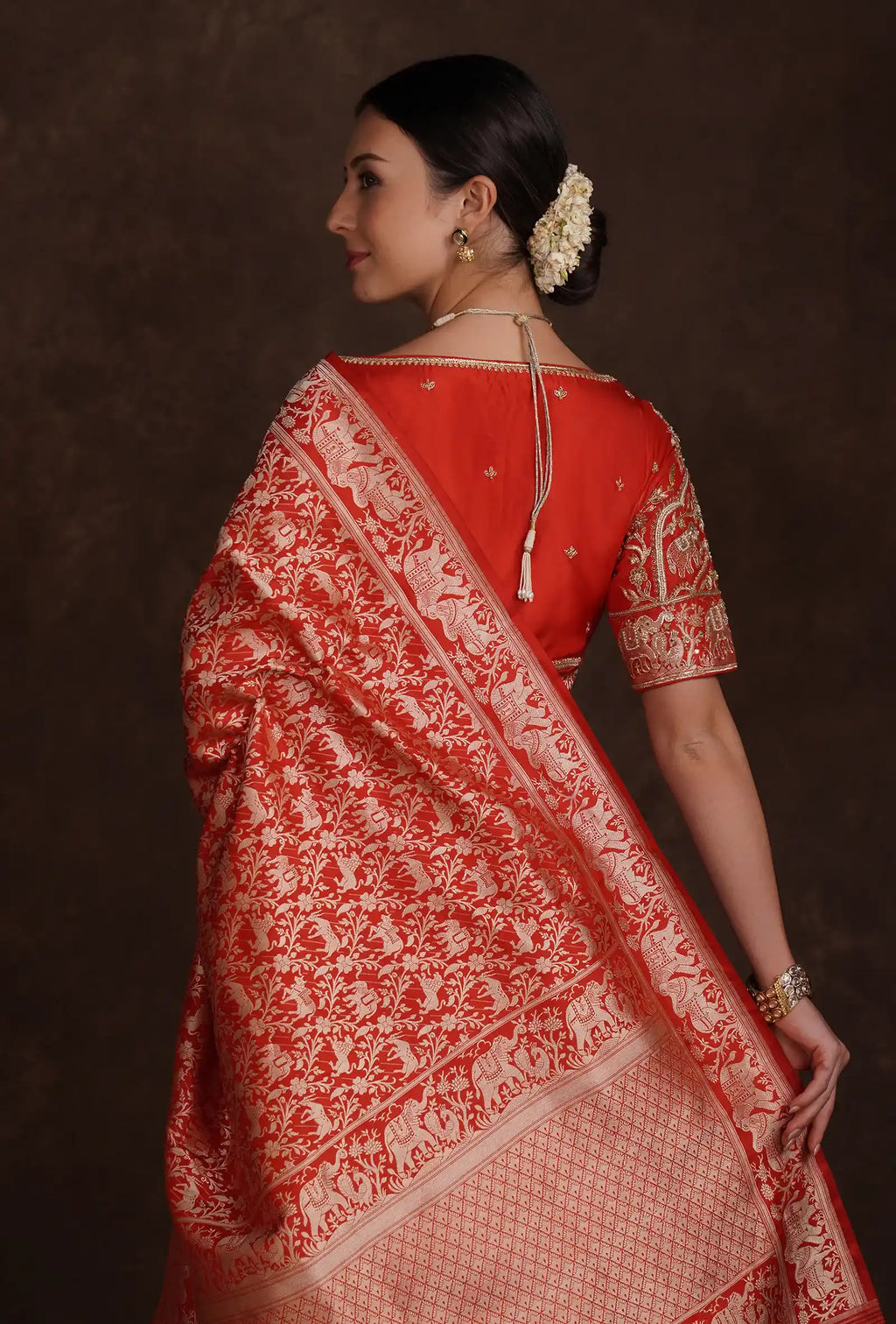 Crimson Red Shikargah Mashru Silk Saree With Unstitched Blouse