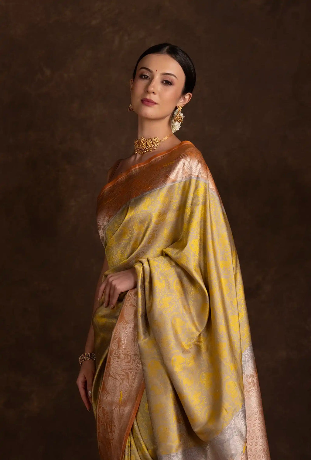 Pure Silk Shikargah Yellow & Grey Saree With Unstitched Blouse