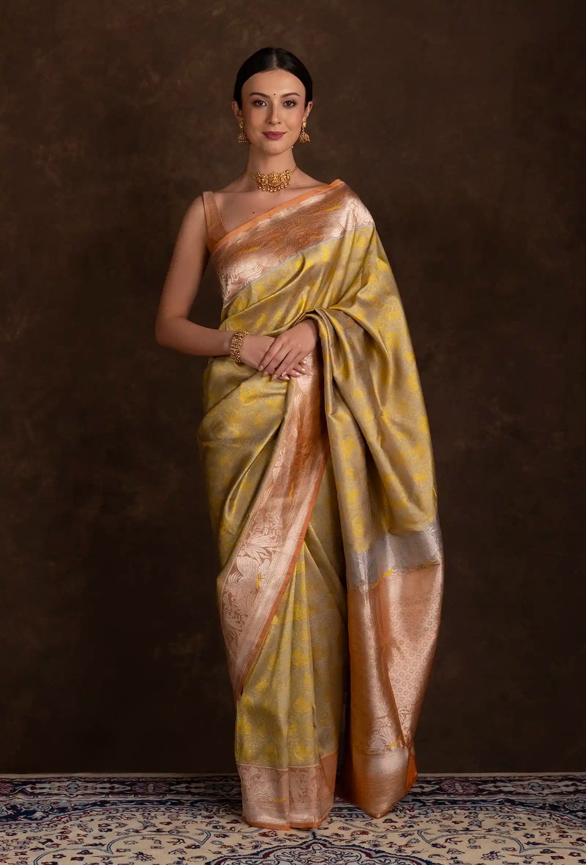 Pure Silk Shikargah Yellow & Grey Saree With Unstitched Blouse