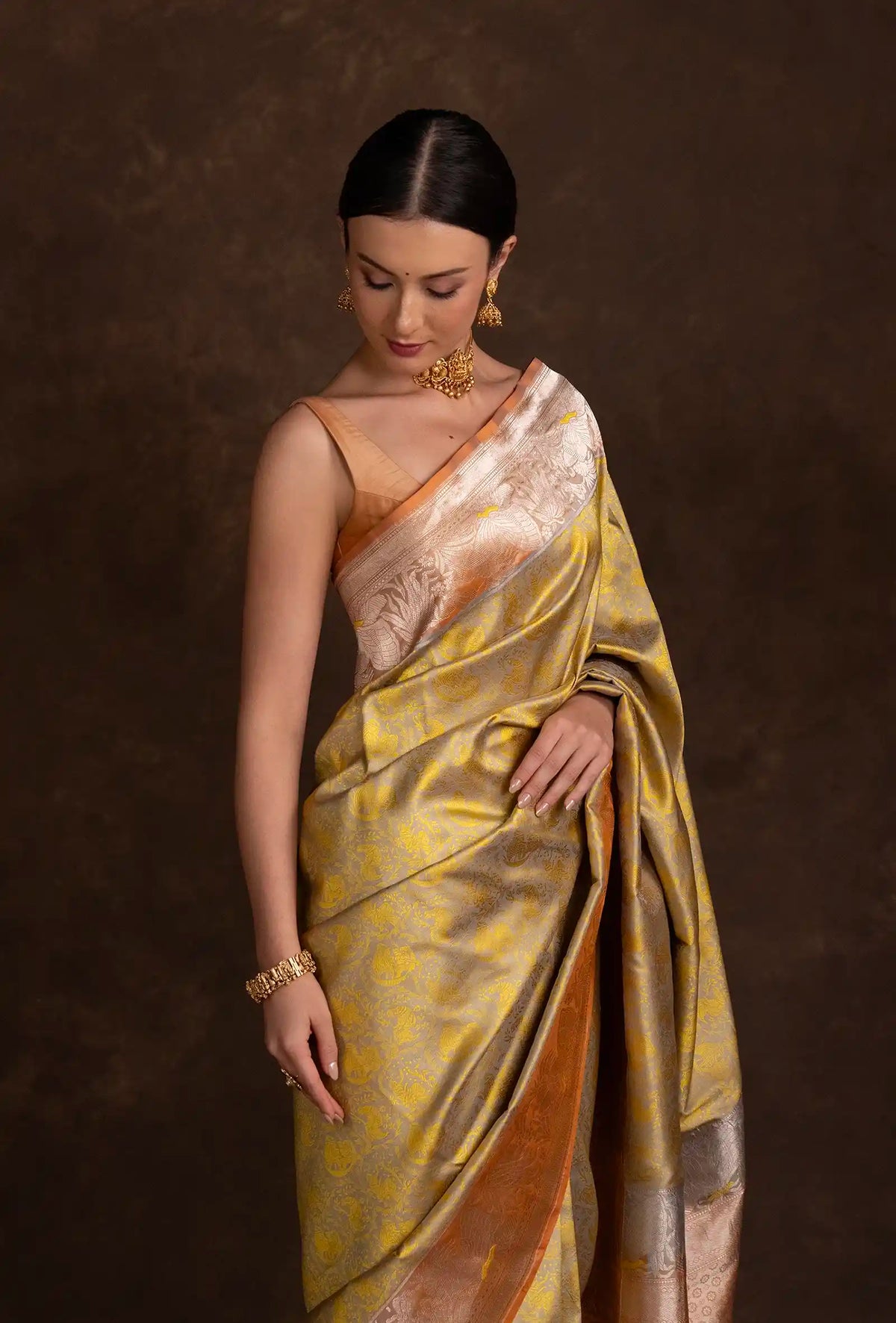 Pure Silk Shikargah Yellow & Grey Saree With Unstitched Blouse