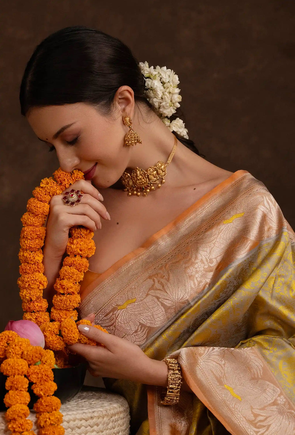 Pure Silk Shikargah Yellow & Grey Saree With Unstitched Blouse