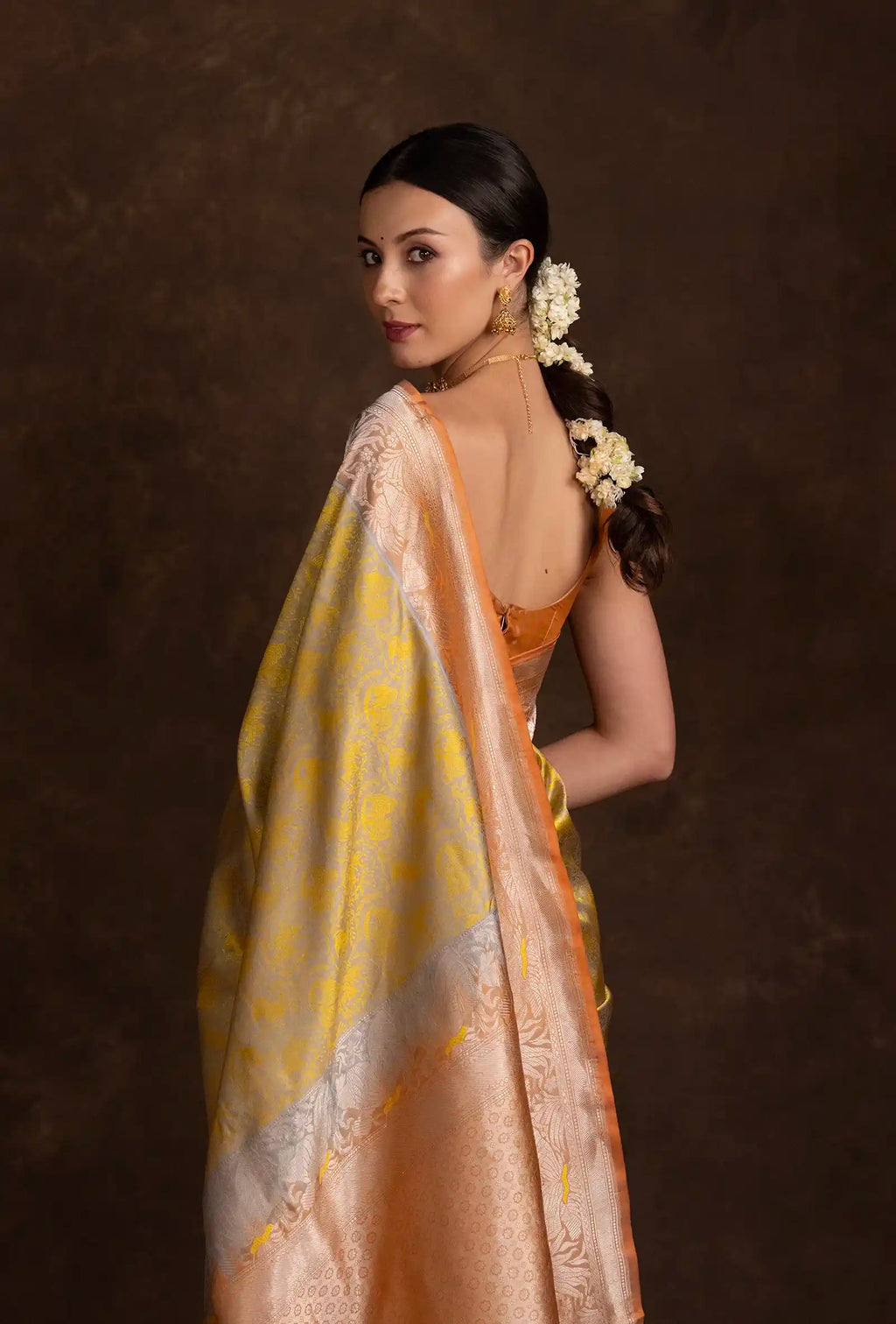 Pure Silk Shikargah Yellow & Grey Saree With Unstitched Blouse
