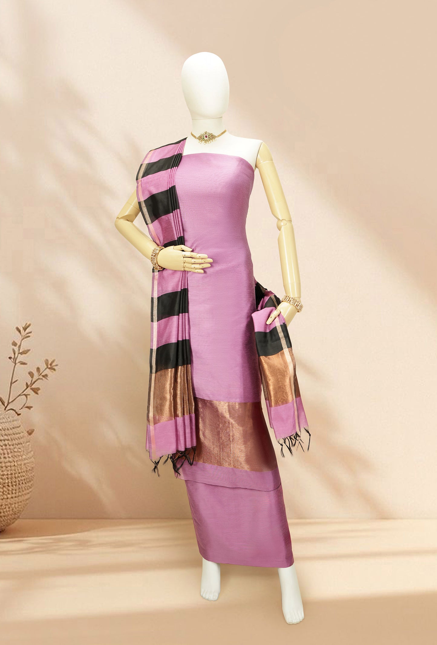 Onion Pink Silk Kurta Set With Dupatta & Pants
